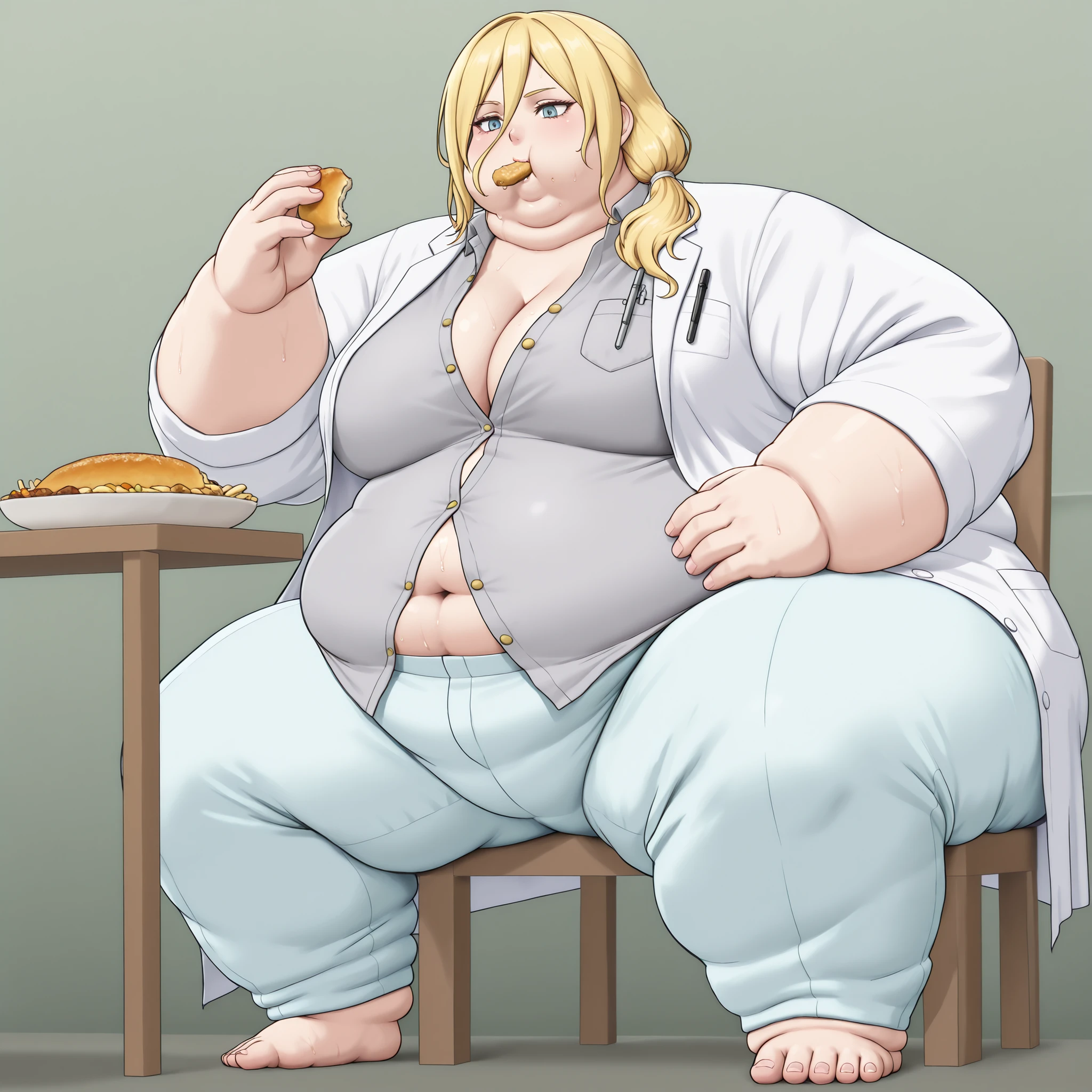 La_Monica
1girl, solo, blonde hair, long hair, side ponytail, hair between eyes,
hair tie, white hair tie,
lab coat, white lab coat, shirt, gray shirt, shirt with golden buttons, unbuttoned shirt, light blue pants, chest pocket, pen in chest pocket, blank_stare, empty_stare,  fat, chubby, obese, gigantic arms and legs, large breasts, sweating, wet body, swollen face, Fat_neck , Fat head , eyes with crushed cheeks , nose with crushed cheeks , mouth with crushed cheeks , chin roll,
only head, large head, oversized limbs, large hands, large feet, oversized feet, oversized fingers, big lips, plump lips, fat face, fupa, big fupa, fat fupa, sitting down, in front of tones of food, table, eating food, food in mouth, food in hands, rush of food