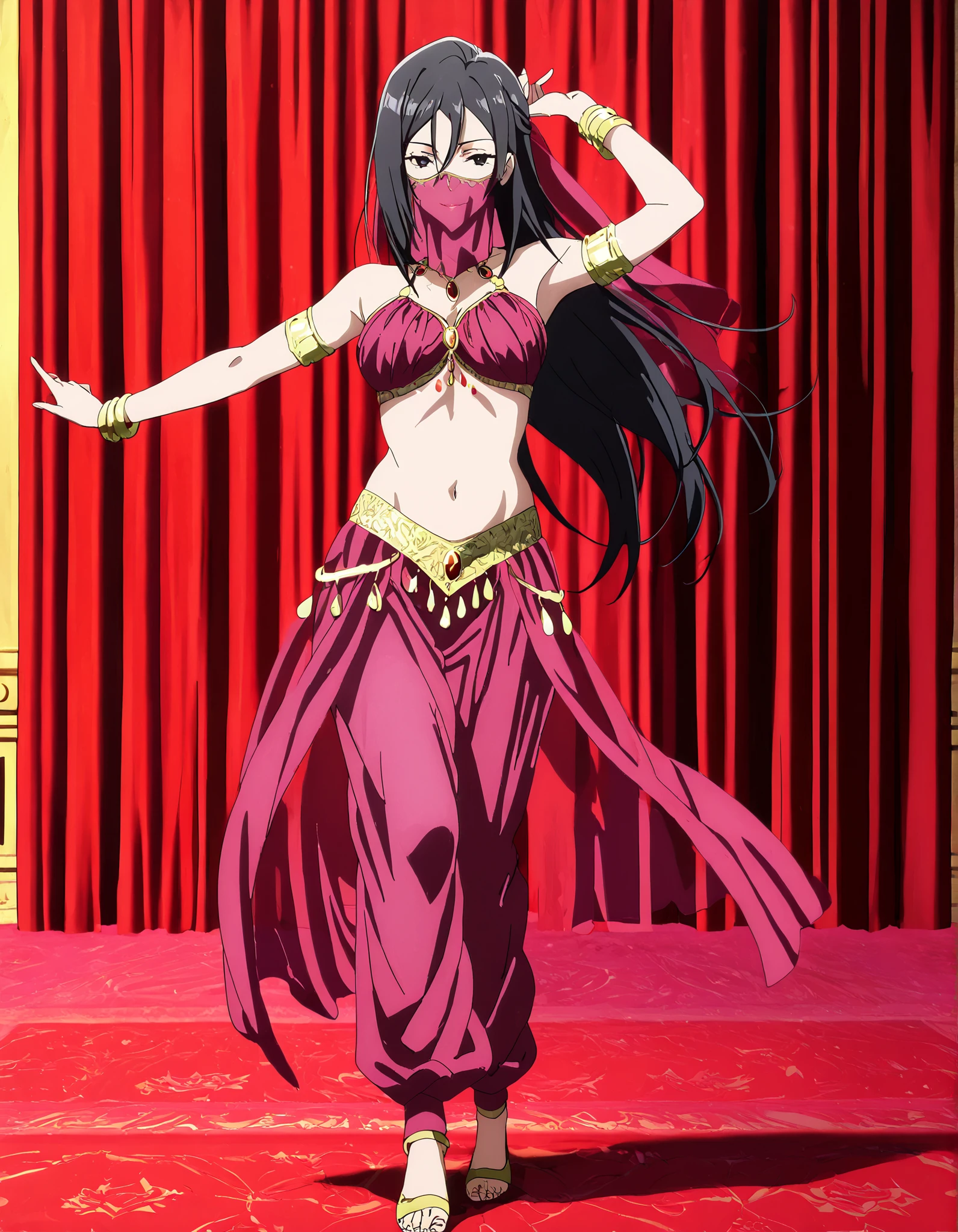 1girl:1 . 5) , (Seul:1 . 5) , score_9 , score_8_haut , score_7_haut , source_anime , Official work  , ultra-detailed , masterpiece , better quality , high resolution , beaux yeux , detailed eyes , Detailed face , beautiful detailed eyes,, long hair, black hair, black eyes,My Teen Romantic Comedy SNAFU,Shizuka Hiratsuka,Arabian Clothes , Arabian Dancer Outfit ,belly dancer costume,belly dancer outfit ,full body,golden jewelery,mouth veil,armlet, belly dancing,arabian theater,seductive smile, dancing with veil, dynamic movement,dance posture, seductive pose
