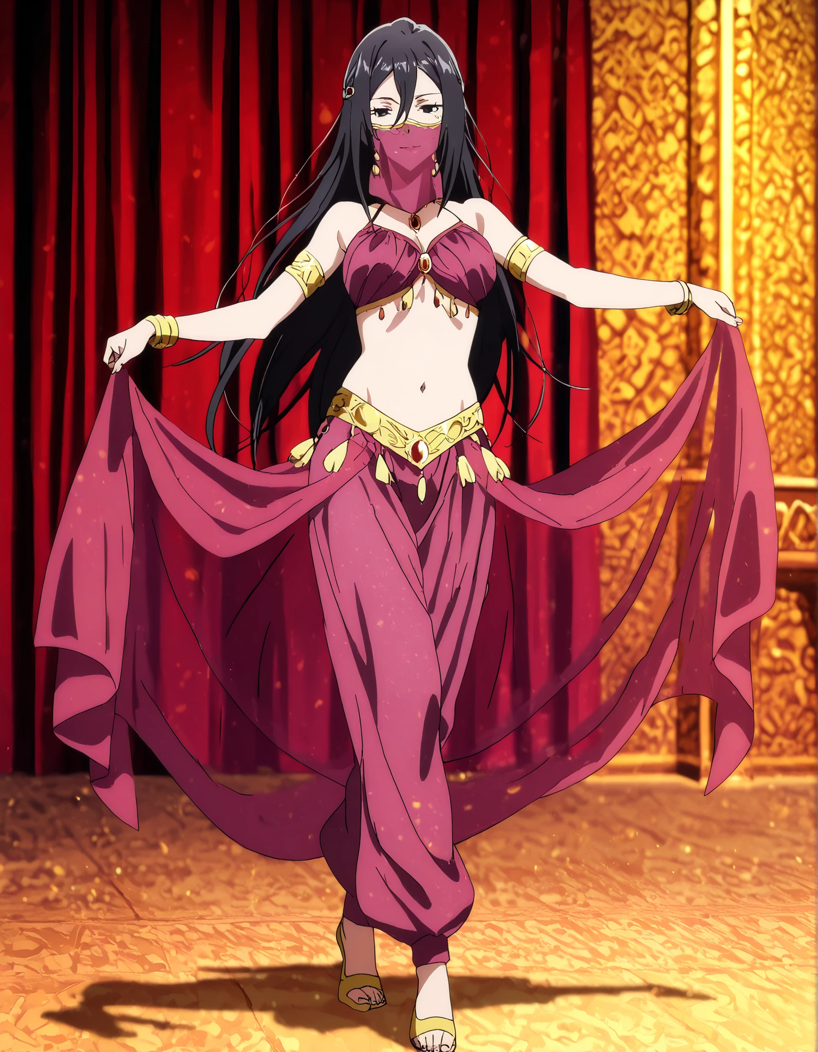 1girl:1 . 5) , (Seul:1 . 5) , score_9 , score_8_haut , score_7_haut , source_anime , Official work  , ultra-detailed , masterpiece , better quality , high resolution , beaux yeux , detailed eyes , Detailed face , beautiful detailed eyes,, long hair, black hair, black eyes,My Teen Romantic Comedy SNAFU,Shizuka Hiratsuka,Arabian Clothes , Arabian Dancer Outfit ,belly dancer costume,belly dancer outfit ,full body,golden jewelery,mouth veil,armlet, belly dancing,arabian theater,seductive smile, dancing with veil, dynamic movement,dance posture, seductive pose