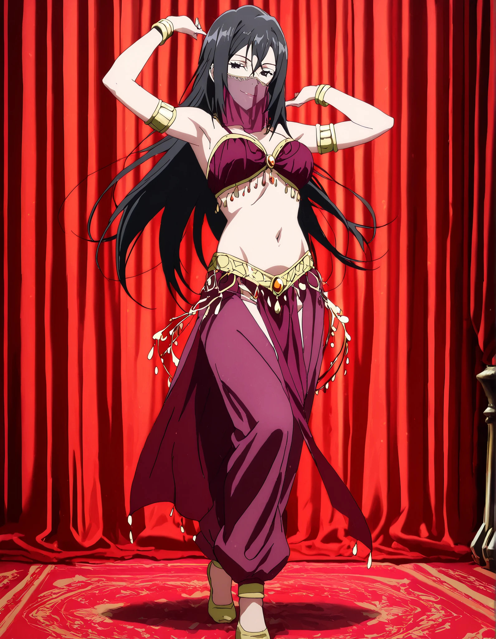 1girl:1 . 5) , (Seul:1 . 5) , score_9 , score_8_haut , score_7_haut , source_anime , Official work  , ultra-detailed , masterpiece , better quality , high resolution , beaux yeux , detailed eyes , Detailed face , beautiful detailed eyes,, long hair, black hair, black eyes,My Teen Romantic Comedy SNAFU,Shizuka Hiratsuka,Arabian Clothes , Arabian Dancer Outfit ,belly dancer costume,belly dancer outfit ,full body,golden jewelery,mouth veil,armlet, belly dancing,arabian theater,seductive smile, dancing with veil, dynamic movement,dance posture, seductive pose