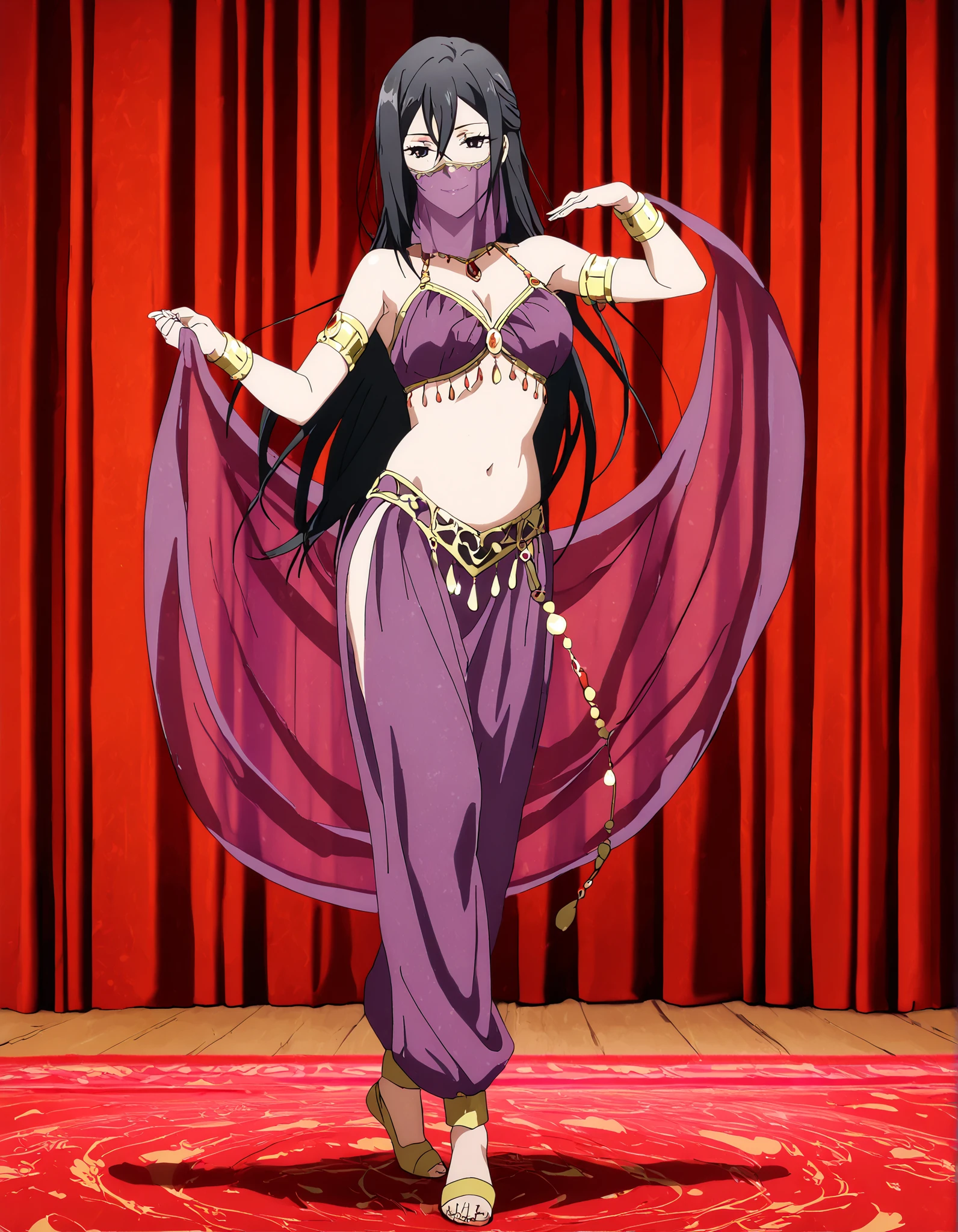 1girl:1 . 5) , (Seul:1 . 5) , score_9 , score_8_haut , score_7_haut , source_anime , Official work  , ultra-detailed , masterpiece , better quality , high resolution , beaux yeux , detailed eyes , Detailed face , beautiful detailed eyes,, long hair, black hair, black eyes,My Teen Romantic Comedy SNAFU,Shizuka Hiratsuka,Arabian Clothes , Arabian Dancer Outfit ,belly dancer costume,belly dancer outfit ,full body,golden jewelery,mouth veil,armlet, belly dancing,arabian theater,seductive smile, dancing with veil, dynamic movement,dance posture, seductive pose