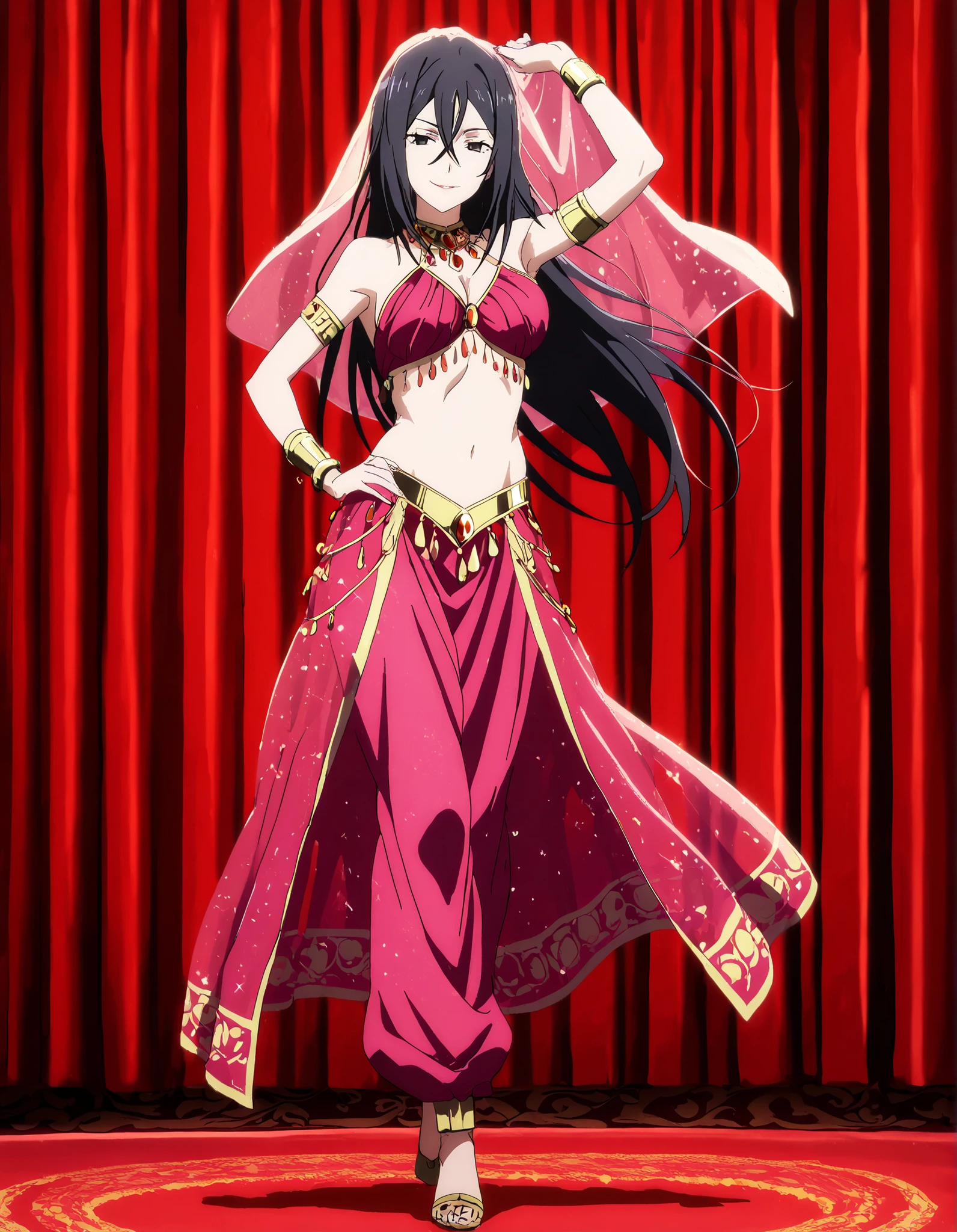 1girl:1 . 5) , (Seul:1 . 5) , score_9 , score_8_haut , score_7_haut , source_anime , Official work  , ultra-detailed , masterpiece , better quality , high resolution , beaux yeux , detailed eyes , Detailed face , beautiful detailed eyes,long hair, black hair, black eyes,My Teen Romantic Comedy SNAFU,Shizuka Hiratsuka,Arabian Clothes , Arabian Dancer Outfit ,belly dancer costume,belly dancer outfit ,full body,golden jewelery,armlet, belly dancing,arabian theater,seductive smile, dancing with veil, dynamic movement,dance posture, seductive pose