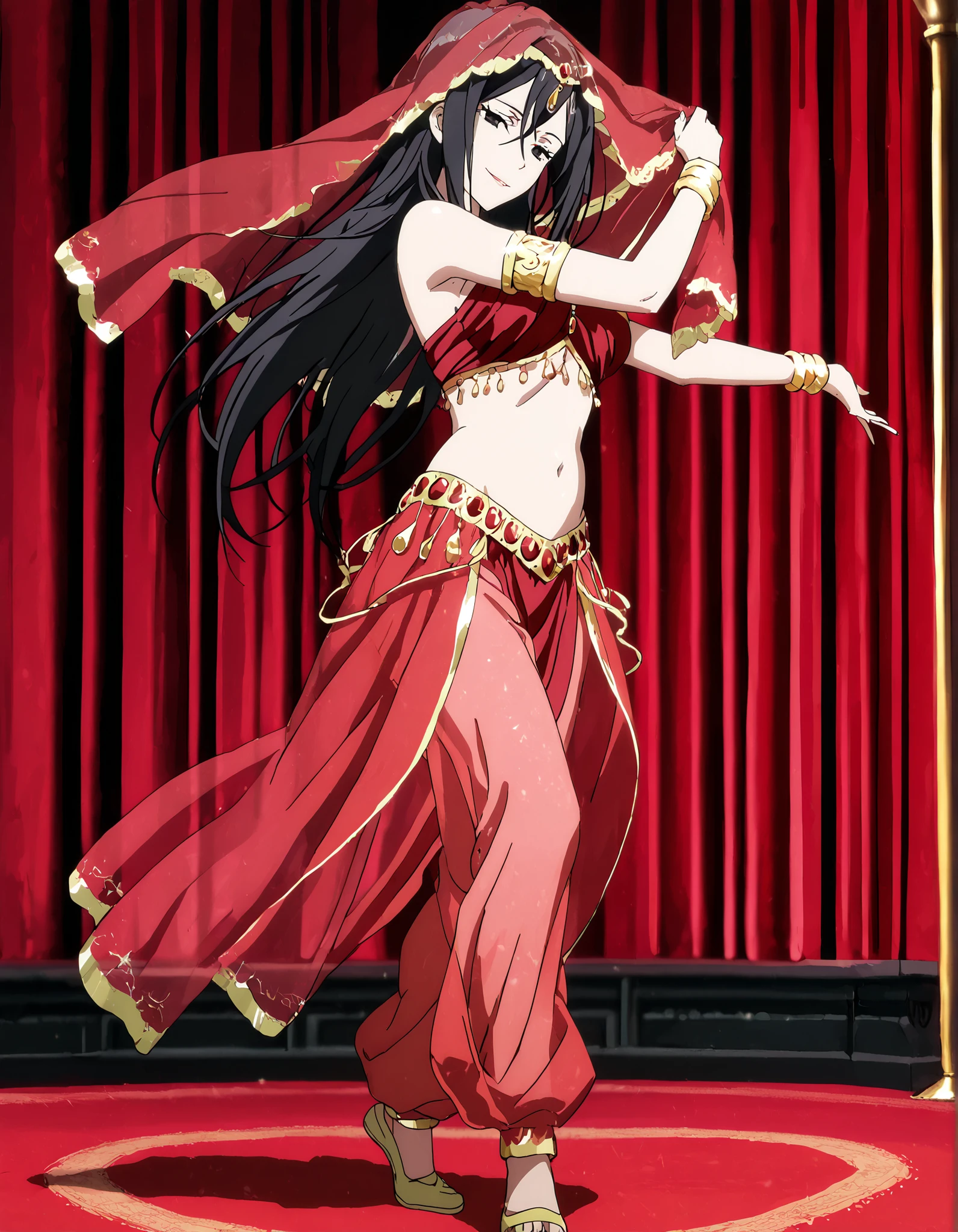 1girl:1 . 5) , (Seul:1 . 5) , score_9 , score_8_haut , score_7_haut , source_anime , Official work  , ultra-detailed , masterpiece , better quality , high resolution , beaux yeux , detailed eyes , Detailed face , beautiful detailed eyes,long hair, black hair, black eyes,My Teen Romantic Comedy SNAFU,Shizuka Hiratsuka,Arabian Clothes , Arabian Dancer Outfit ,belly dancer costume,belly dancer outfit ,full body,golden jewelery,armlet, belly dancing,arabian theater,seductive smile, dancing with veil, dynamic movement,dance posture, seductive pose