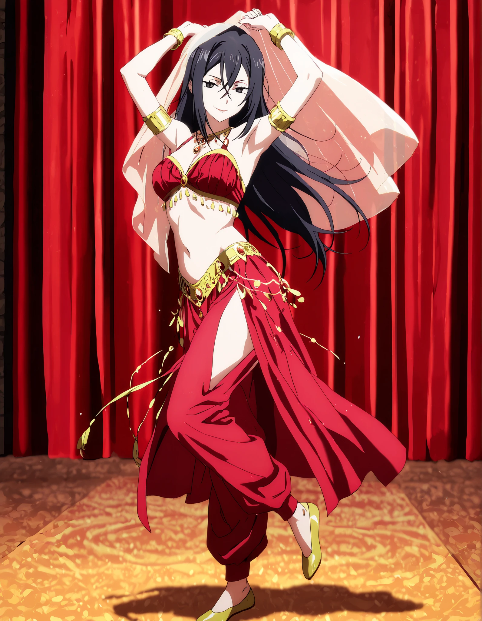 1girl:1 . 5) , (Seul:1 . 5) , score_9 , score_8_haut , score_7_haut , source_anime , Official work  , ultra-detailed , masterpiece , better quality , high resolution , beaux yeux , detailed eyes , Detailed face , beautiful detailed eyes,long hair, black hair, black eyes,My Teen Romantic Comedy SNAFU,Shizuka Hiratsuka,Arabian Clothes , Arabian Dancer Outfit ,belly dancer costume,belly dancer outfit ,full body,golden jewelery,armlet, belly dancing,arabian theater,seductive smile, dancing with veil, dynamic movement,dance posture, seductive pose