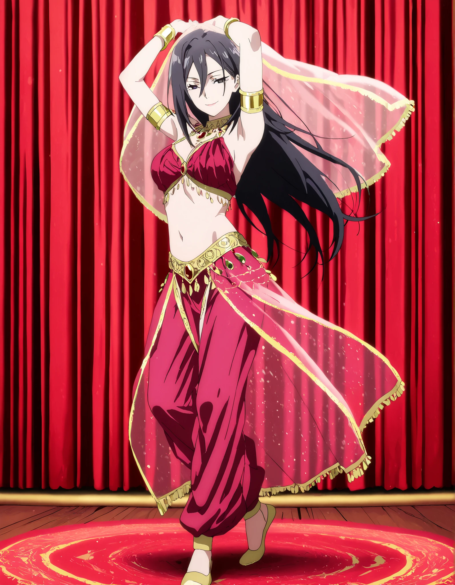 1girl:1 . 5) , (Seul:1 . 5) , score_9 , score_8_haut , score_7_haut , source_anime , Official work  , ultra-detailed , masterpiece , better quality , high resolution , beaux yeux , detailed eyes , Detailed face , beautiful detailed eyes,long hair, black hair, black eyes,My Teen Romantic Comedy SNAFU,Shizuka Hiratsuka,Arabian Clothes , Arabian Dancer Outfit ,belly dancer costume,belly dancer outfit ,full body,golden jewelery,armlet, belly dancing,arabian theater,seductive smile, dancing with veil, dynamic movement,dance posture, seductive pose