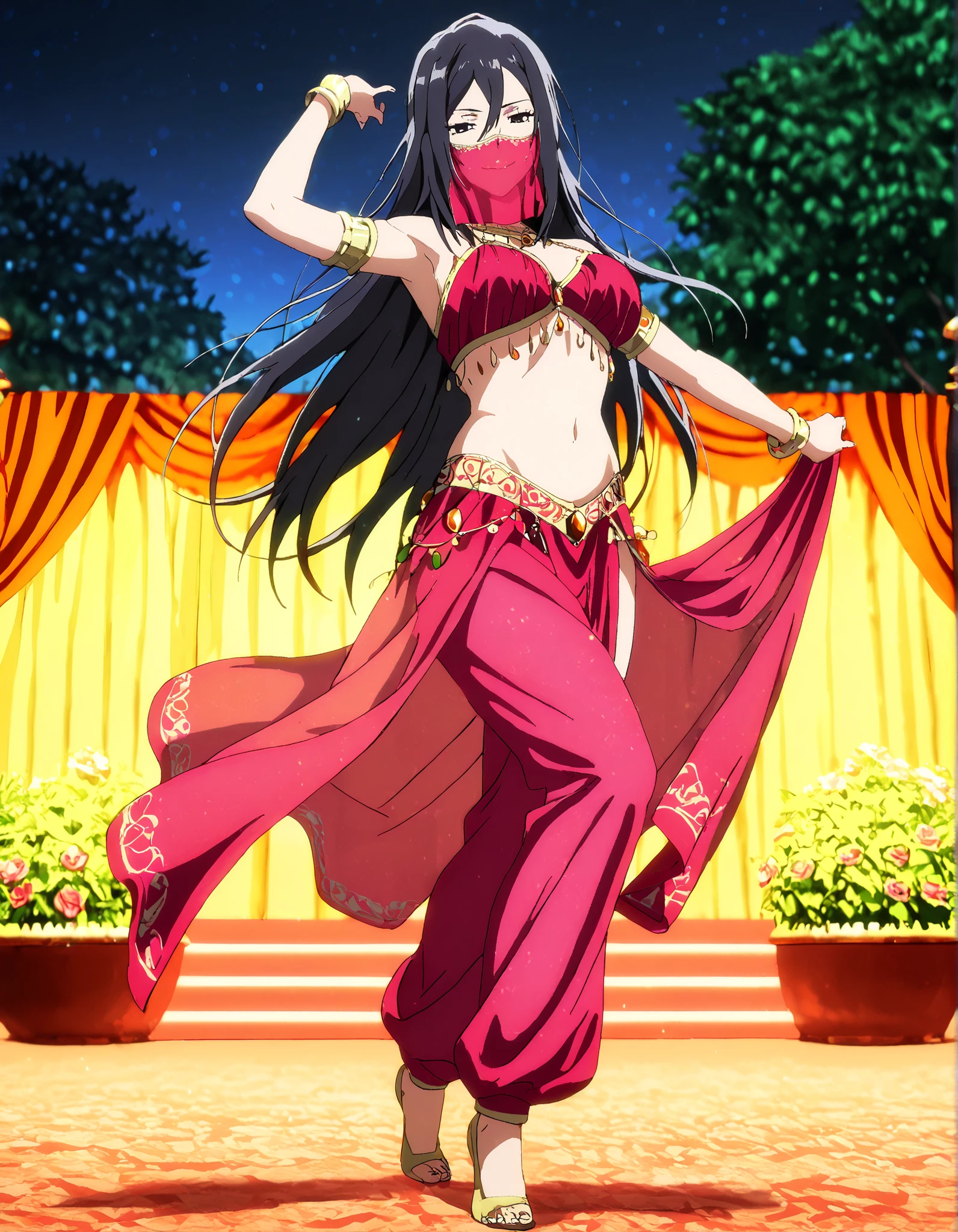 1girl:1 . 5) , (Seul:1 . 5) , score_9 , score_8_haut , score_7_haut , source_anime , Official work  , ultra-detailed , masterpiece , better quality , high resolution , beaux yeux , detailed eyes , Detailed face , beautiful detailed eyes,long hair, black hair, black eyes,My Teen Romantic Comedy SNAFU,Shizuka Hiratsuka,Arabian Clothes , Arabian Dancer Outfit ,belly dancer costume,belly dancer outfit ,full body,golden jewelery,mouth veil,armlet, belly dancing,night,arabian garden,seductive smile, dancing with veil, dynamic movement,dance posture, seductive pose
