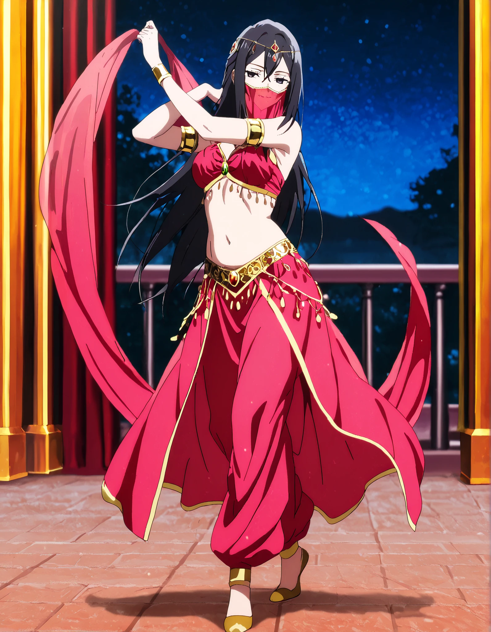 1girl:1 . 5) , (Seul:1 . 5) , score_9 , score_8_haut , score_7_haut , source_anime , Official work  , ultra-detailed , masterpiece , better quality , high resolution , beaux yeux , detailed eyes , Detailed face , beautiful detailed eyes,long hair, black hair, black eyes,My Teen Romantic Comedy SNAFU,Shizuka Hiratsuka,Arabian Clothes , Arabian Dancer Outfit ,belly dancer costume,belly dancer outfit ,full body,golden jewelery,mouth veil,armlet, belly dancing,night,arabian garden,seductive smile, dancing with veil, dynamic movement,dance posture, seductive pose