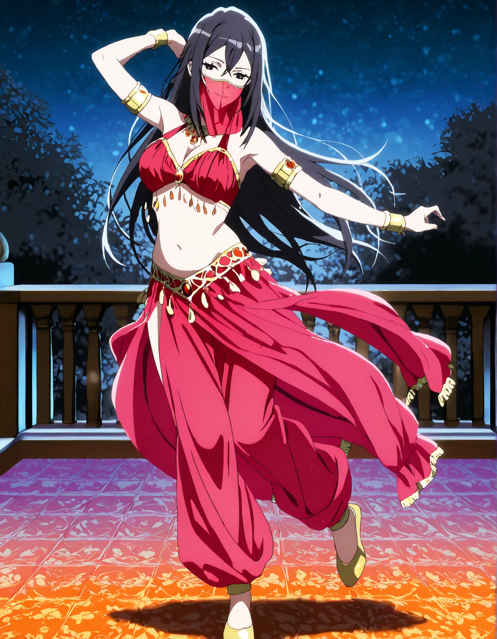 1girl:1 . 5) , (Seul:1 . 5) , score_9 , score_8_haut , score_7_haut , source_anime , Official work  , ultra-detailed , masterpiece , better quality , high resolution , beaux yeux , detailed eyes , Detailed face , beautiful detailed eyes,long hair, black hair, black eyes,My Teen Romantic Comedy SNAFU,Shizuka Hiratsuka,Arabian Clothes , Arabian Dancer Outfit ,belly dancer costume,belly dancer outfit ,full body,golden jewelery,mouth veil,armlet, belly dancing,night,arabian garden,seductive smile, dancing with veil, dynamic movement,dance posture, seductive pose