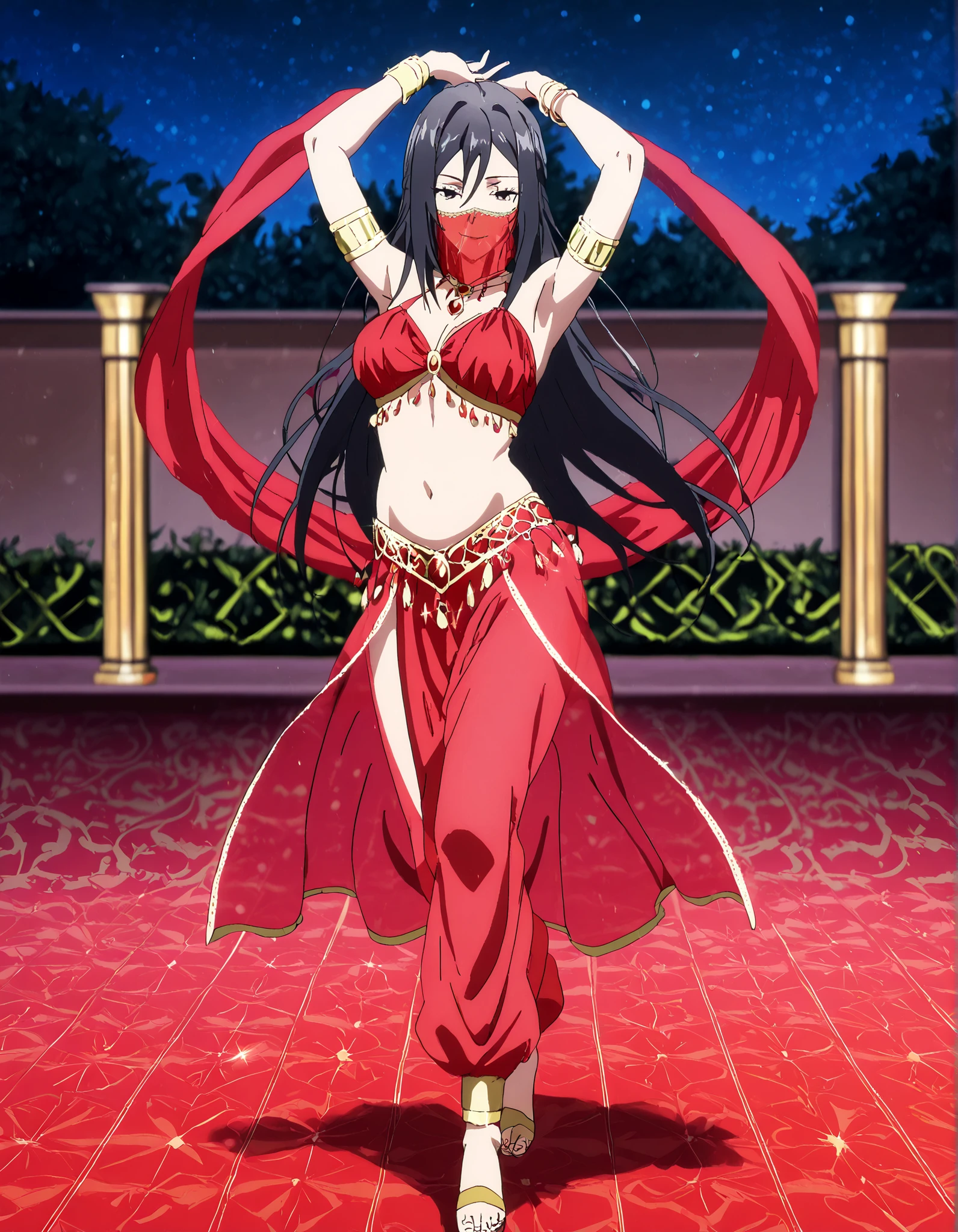 1girl:1 . 5) , (Seul:1 . 5) , score_9 , score_8_haut , score_7_haut , source_anime , Official work  , ultra-detailed , masterpiece , better quality , high resolution , beaux yeux , detailed eyes , Detailed face , beautiful detailed eyes,long hair, black hair, black eyes,My Teen Romantic Comedy SNAFU,Shizuka Hiratsuka,Arabian Clothes , Arabian Dancer Outfit ,belly dancer costume,belly dancer outfit ,full body,golden jewelery,mouth veil,armlet, belly dancing,night,arabian garden,seductive smile, dancing with veil, dynamic movement,dance posture, seductive pose