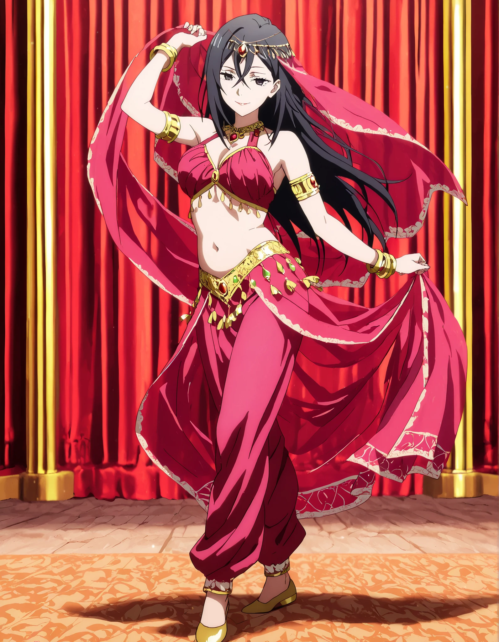 1girl:1 . 5) , (Seul:1 . 5) , score_9 , score_8_haut , score_7_haut , source_anime , Official work  , ultra-detailed , masterpiece , better quality , high resolution , beaux yeux , detailed eyes , Detailed face , beautiful detailed eyes,long hair, black hair, black eyes,My Teen Romantic Comedy SNAFU,Shizuka Hiratsuka,Arabian Clothes , Arabian Dancer Outfit ,belly dancer costume,belly dancer outfit ,full body,golden jewelery,armlet, belly dancing,arabian garden,seductive smile, dancing with veil, dynamic movement,dance posture, seductive pose