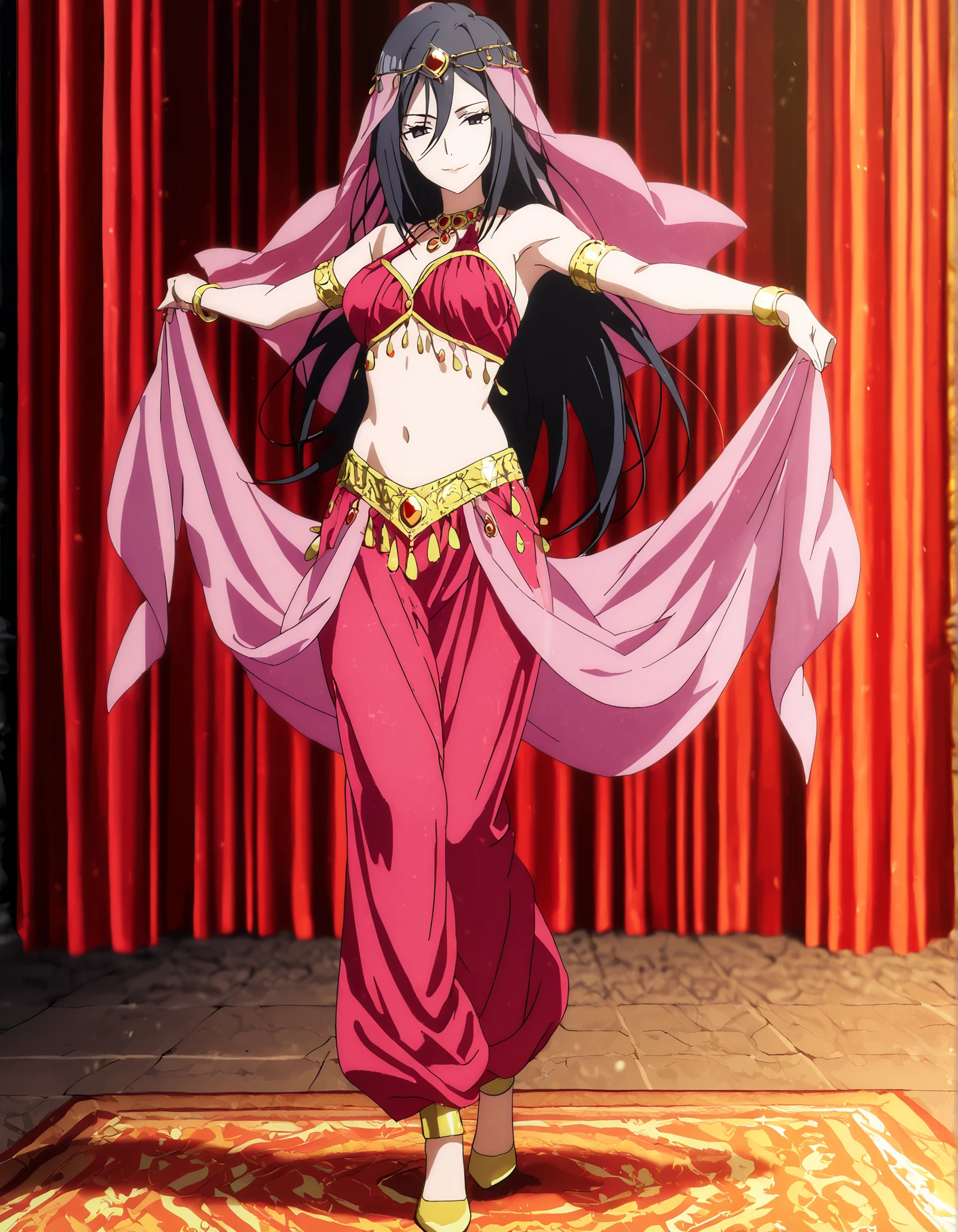 1girl:1 . 5) , (Seul:1 . 5) , score_9 , score_8_haut , score_7_haut , source_anime , Official work  , ultra-detailed , masterpiece , better quality , high resolution , beaux yeux , detailed eyes , Detailed face , beautiful detailed eyes,long hair, black hair, black eyes,My Teen Romantic Comedy SNAFU,Shizuka Hiratsuka,Arabian Clothes , Arabian Dancer Outfit ,belly dancer costume,belly dancer outfit ,full body,golden jewelery,armlet, belly dancing,arabian garden,seductive smile, dancing with veil, dynamic movement,dance posture, seductive pose