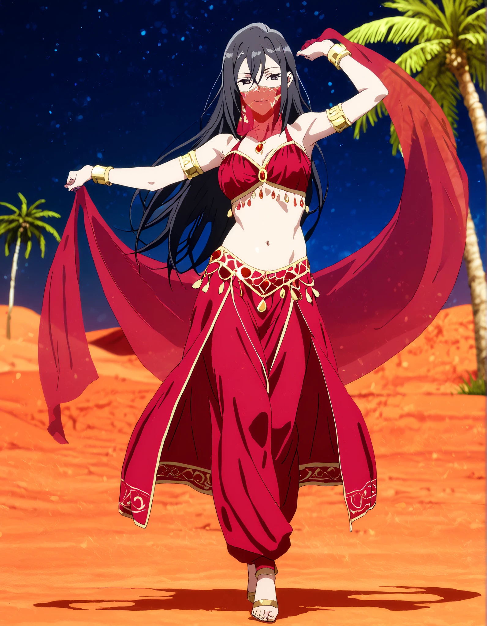 1girl:1 . 5) , (Seul:1 . 5) , score_9 , score_8_haut , score_7_haut , source_anime , Official work  , ultra-detailed , masterpiece , better quality , high resolution , beaux yeux , detailed eyes , Detailed face , beautiful detailed eyes,long hair, black hair, black eyes,My Teen Romantic Comedy SNAFU,Shizuka Hiratsuka,Arabian Clothes , Arabian Dancer Outfit ,belly dancer costume,belly dancer outfit ,full body,golden jewelery,mouth veil,armlet, belly dancing,night,desert lands,palm tree,seductive smile, dancing with veil, dynamic movement,dance posture, seductive pose