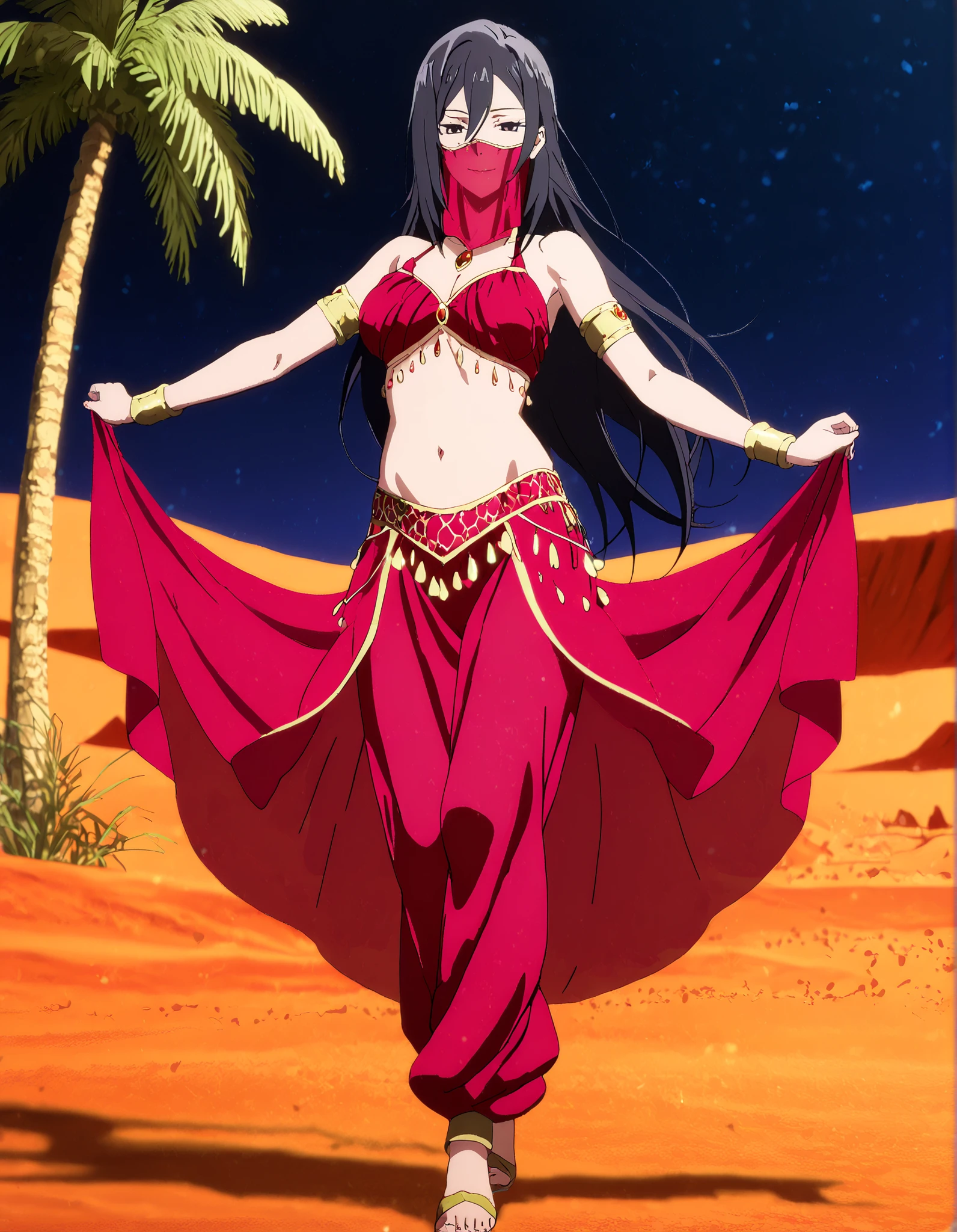 1girl:1 . 5) , (Seul:1 . 5) , score_9 , score_8_haut , score_7_haut , source_anime , Official work  , ultra-detailed , masterpiece , better quality , high resolution , beaux yeux , detailed eyes , Detailed face , beautiful detailed eyes,long hair, black hair, black eyes,My Teen Romantic Comedy SNAFU,Shizuka Hiratsuka,Arabian Clothes , Arabian Dancer Outfit ,belly dancer costume,belly dancer outfit ,full body,golden jewelery,mouth veil,armlet, belly dancing,night,desert lands,palm tree,seductive smile, dancing with veil, dynamic movement,dance posture, seductive pose