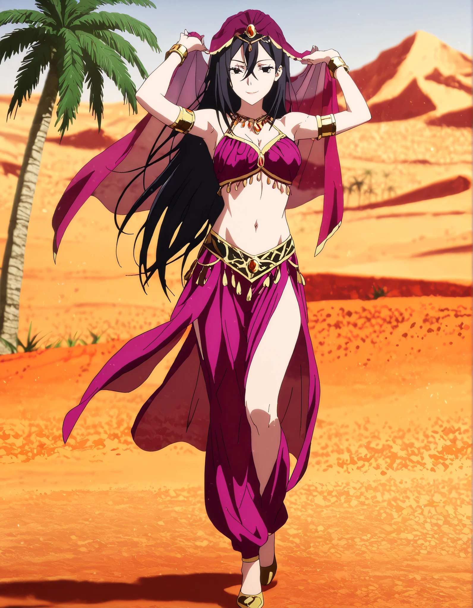 1girl:1 . 5) , (Seul:1 . 5) , score_9 , score_8_haut , score_7_haut , source_anime , Official work  , ultra-detailed , masterpiece , better quality , high resolution , beaux yeux , detailed eyes , Detailed face , beautiful detailed eyes,long hair, black hair, black eyes,My Teen Romantic Comedy SNAFU,Shizuka Hiratsuka,Arabian Clothes , Arabian Dancer Outfit ,belly dancer costume,belly dancer outfit ,full body,golden jewelery,armlet, belly dancing,desert lands,palm tree,seductive smile, dancing with veil, dynamic movement,dance posture, seductive pose