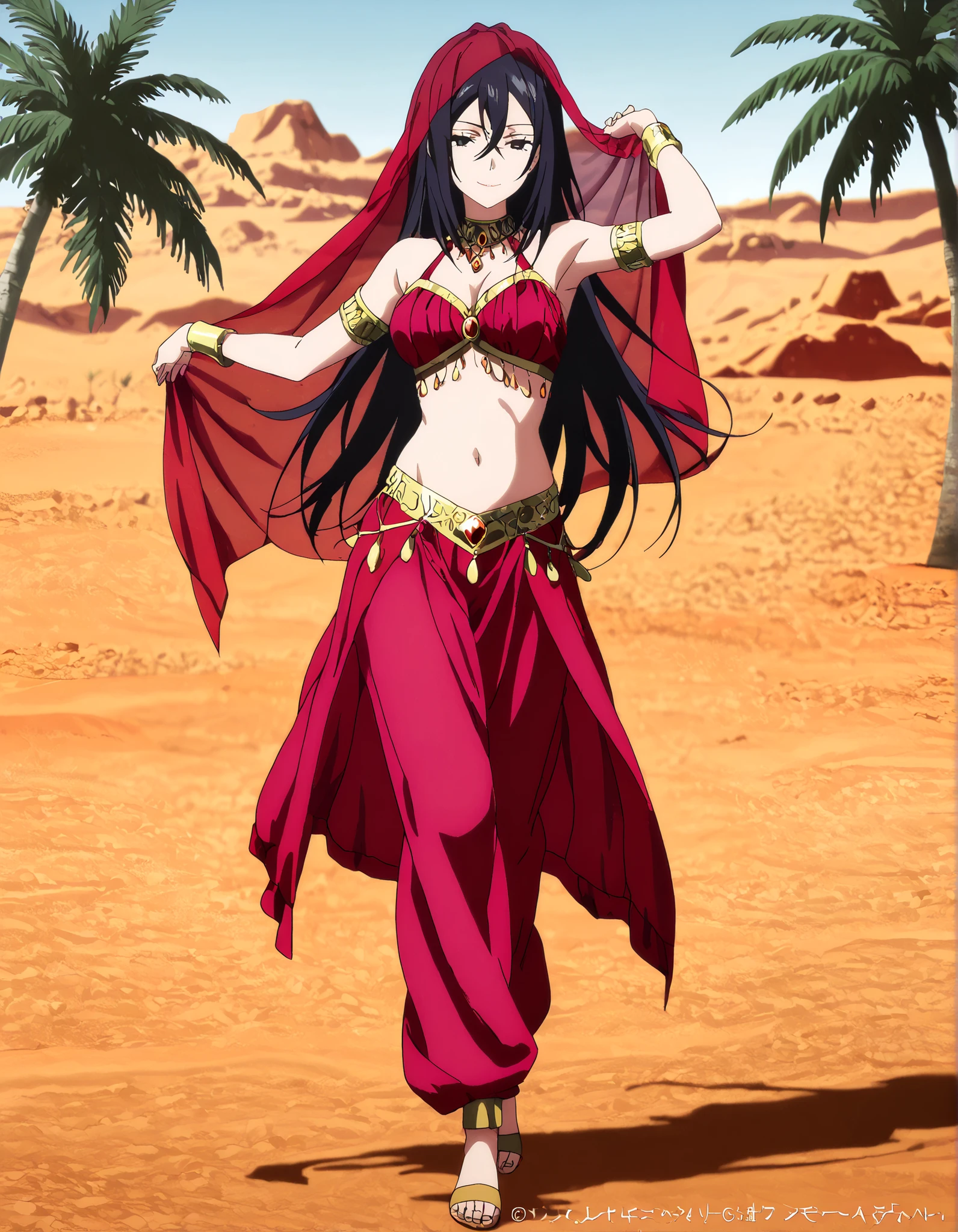 1girl:1 . 5) , (Seul:1 . 5) , score_9 , score_8_haut , score_7_haut , source_anime , Official work  , ultra-detailed , masterpiece , better quality , high resolution , beaux yeux , detailed eyes , Detailed face , beautiful detailed eyes,long hair, black hair, black eyes,My Teen Romantic Comedy SNAFU,Shizuka Hiratsuka,Arabian Clothes , Arabian Dancer Outfit ,belly dancer costume,belly dancer outfit ,full body,golden jewelery,armlet, belly dancing,desert lands,palm tree,seductive smile, dancing with veil, dynamic movement,dance posture, seductive pose