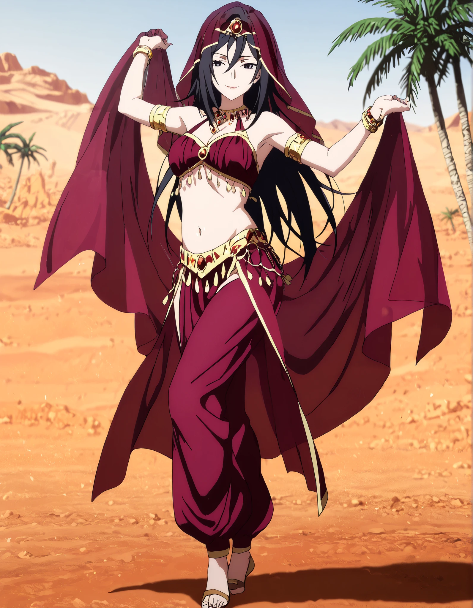 1girl:1 . 5) , (Seul:1 . 5) , score_9 , score_8_haut , score_7_haut , source_anime , Official work  , ultra-detailed , masterpiece , better quality , high resolution , beaux yeux , detailed eyes , Detailed face , beautiful detailed eyes,long hair, black hair, black eyes,My Teen Romantic Comedy SNAFU,Shizuka Hiratsuka,Arabian Clothes , Arabian Dancer Outfit ,belly dancer costume,belly dancer outfit ,full body,golden jewelery,armlet, belly dancing,desert lands,palm tree,seductive smile, dancing with veil, dynamic movement,dance posture, seductive pose