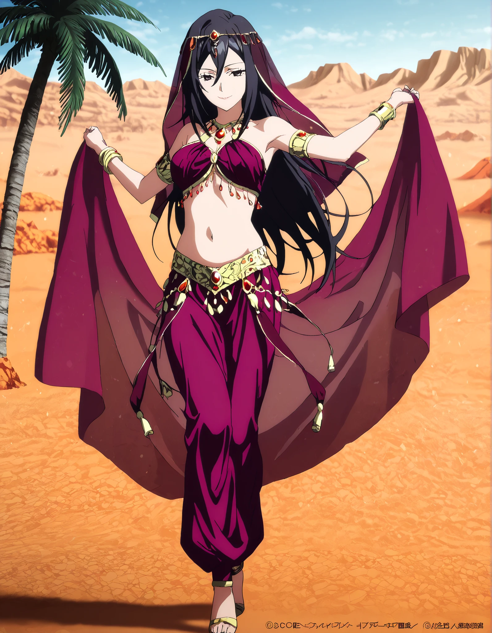 1girl:1 . 5) , (Seul:1 . 5) , score_9 , score_8_haut , score_7_haut , source_anime , Official work  , ultra-detailed , masterpiece , better quality , high resolution , beaux yeux , detailed eyes , Detailed face , beautiful detailed eyes,long hair, black hair, black eyes,My Teen Romantic Comedy SNAFU,Shizuka Hiratsuka,Arabian Clothes , Arabian Dancer Outfit ,belly dancer costume,belly dancer outfit ,full body,golden jewelery,armlet, belly dancing,desert lands,palm tree,seductive smile, dancing with veil, dynamic movement,dance posture, seductive pose
