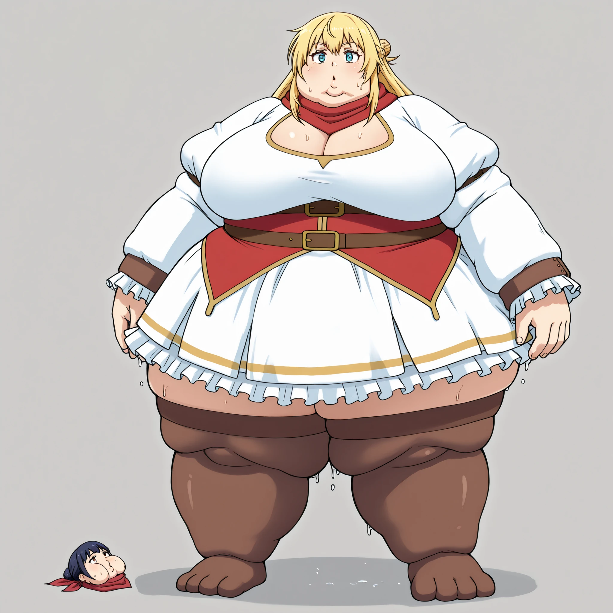 1girl, rittolbase, large breasts, blonde hair, white dress, long hair, hair bun, french braid, red scarf, cleavage, juliet sleeves, long sleeves, red underbust, belt, brown thighhighs, blank_stare, empty_stare,  fat, chubby, obese, gigantic arms and legs, large breasts, sweating, wet body, swollen face, Fat_neck , Fat head , eyes with crushed cheeks , nose with crushed cheeks , mouth with crushed cheeks , chin roll,
only head, large head, oversized limbs, large hands, large feet, oversized feet, oversized fingers, big lips, plump lips, fat face, fupa, big fupa, fat fupa, 
