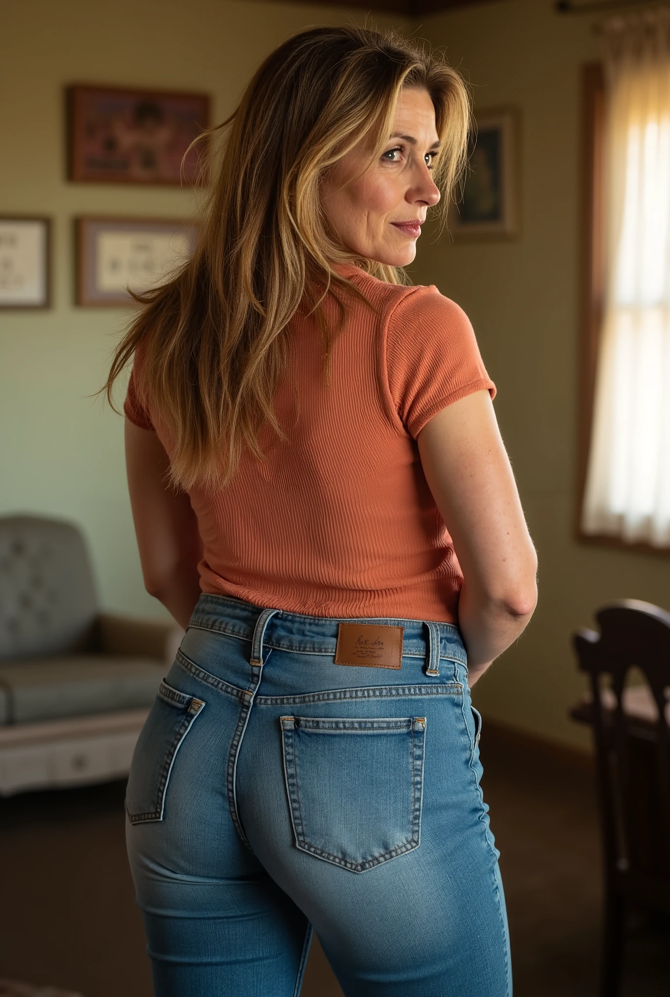 photoreal full body rear shot of a beautiful mature woman in her 50s with long flowing hair cascading down her back, glancing over her shoulder with stern commanding expression, intense penetrating gaze, realistic aging features with elegant laugh lines, wearing tight-fitting jeans that accentuate her wide hips and full buttocks which are the clear visual focal point of the image, apricot-colored fitted top hugging her mature figure, standing in sunlit motel room with worn vintage decor, harsh natural light casting dramatic shadows emphasizing the natural contours and texture of her realistic mature body, candid documentary-style photography capturing authentic proportions, visible skin texture and lived-in body details, 85mm lens with shallow depth of field creating cinematic depth