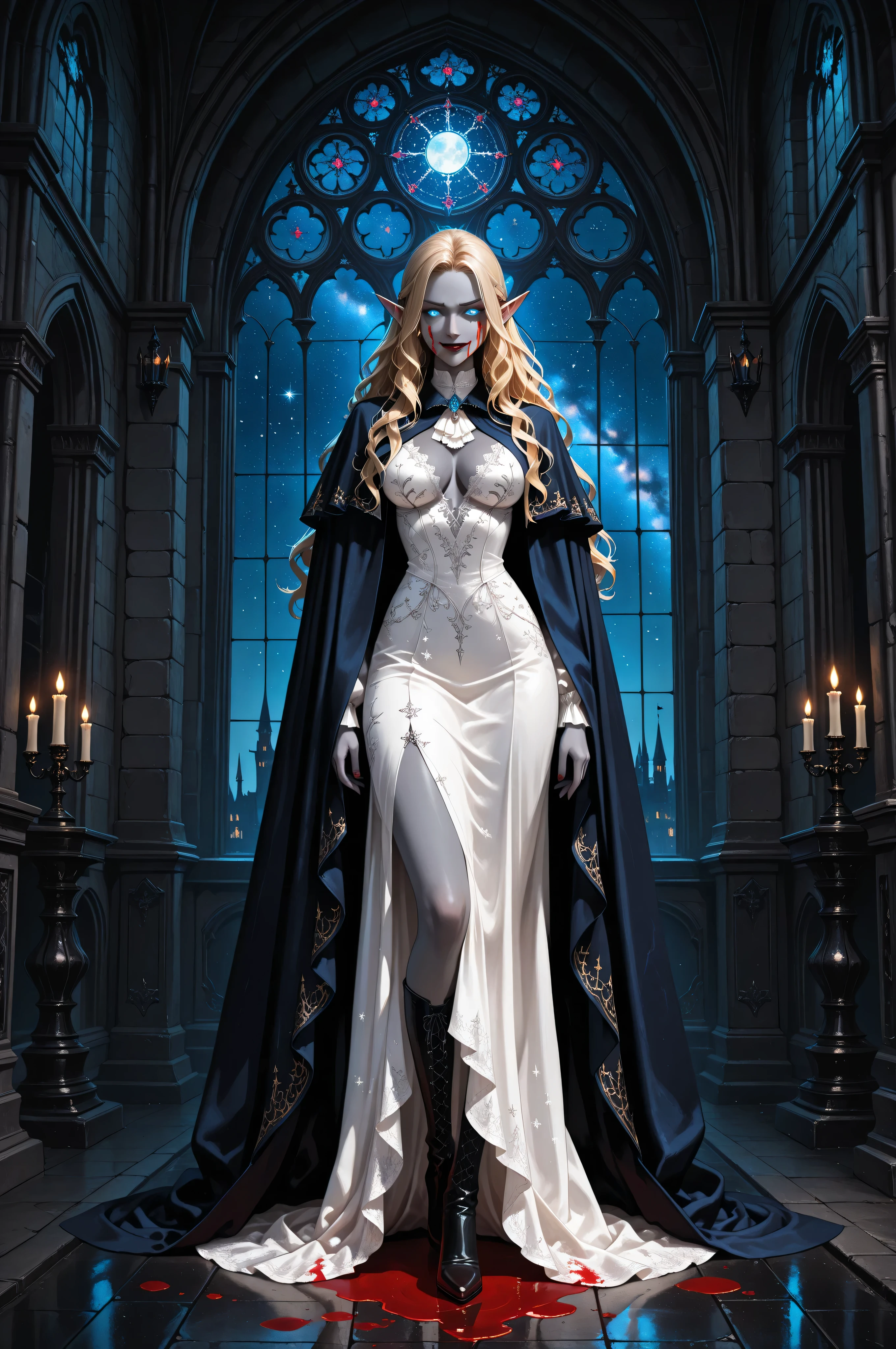 femillustration,a picture of vampire elf in her castle, an exquisite beautiful female vampire elf standing under the night sky , full body , ultra detailed face , grey skin, blond hair, wavy hair, blue eyes, cold eyes, glowing eyes, intense eyes, small pointed ears, smirking, smile with drops of blood on face , dark red lips, vampire fangs, wearing white silk dress, intricate dress, delicate dress, dark blue cloak, high heeled boots in starry night sky, high details, best quality, 16k, ultra detailed, masterpiece, best quality, (ultra detailed), full body, ultra wide shot, photorealism, dark fantasy art, gothic art, many stars, gothic art, sense of dread,