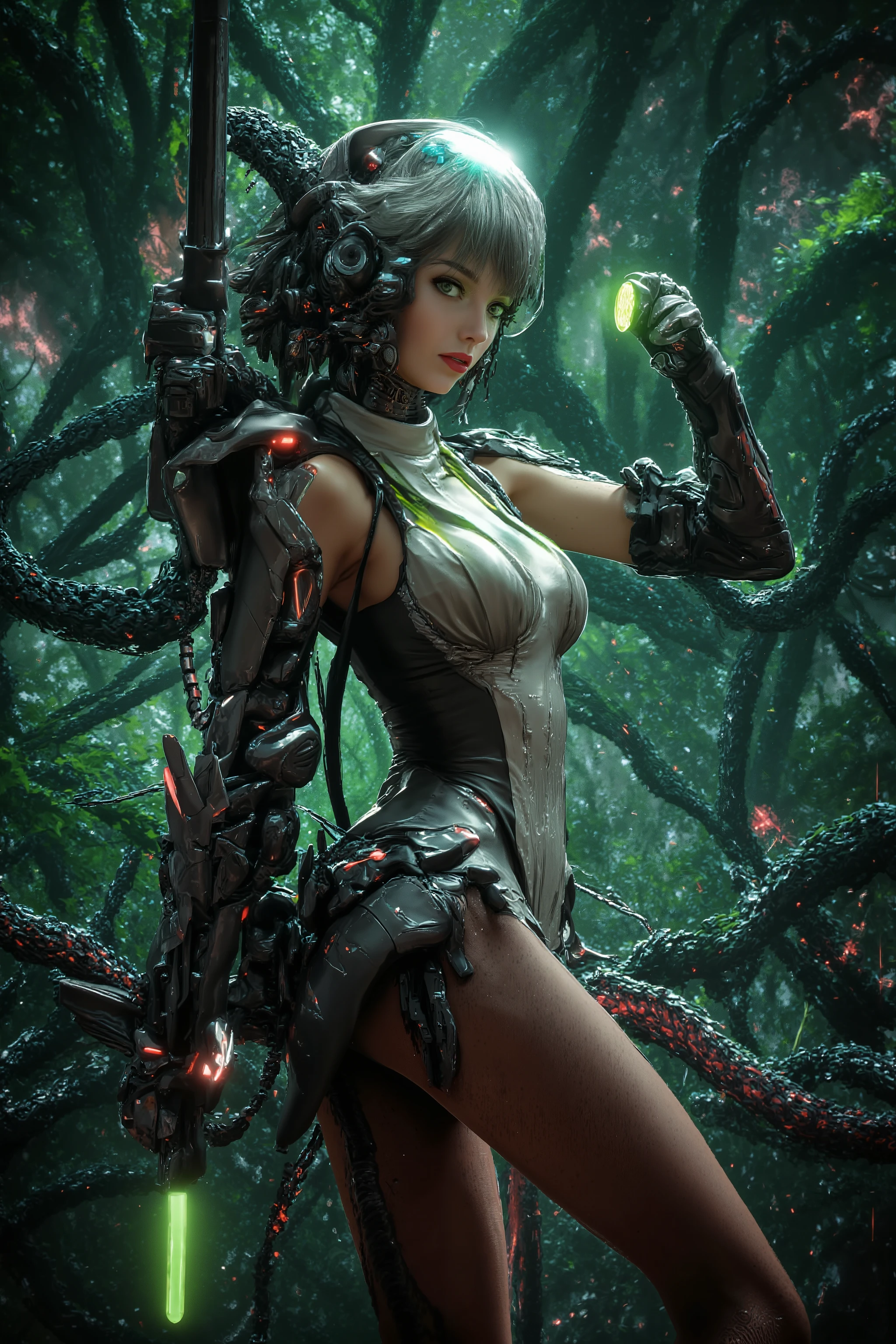  sci fi explorer (sci fi uniform slingshot , scifi gloves and boots, electronic utility belt, bubble helmet, 50s ray gun, brightly lit   inserted), she is exploring an alien jungle with many vines, strange flowers, and man eating plants, think of an alien tropical jungle with many things resembling 