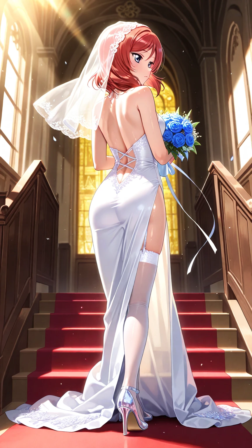 The 8k quality, Ultra-high quality rendering, High Quality Anime Bride, masutepiece, (Wide Angle), (Single Bride), (View from the back: 1.5), (White off-the-shoulder bride dress), (Back view of the bride), White transparent A veil, Platinum Blonde Hair, (Beautiful profile bride), The hem of her dress was rolled up, (Sheer white lace panties on her ???), White stockings, Bouquet of flowers in left hand, And the sofa in front of her.,chiaki_Gallo_Ai Wife