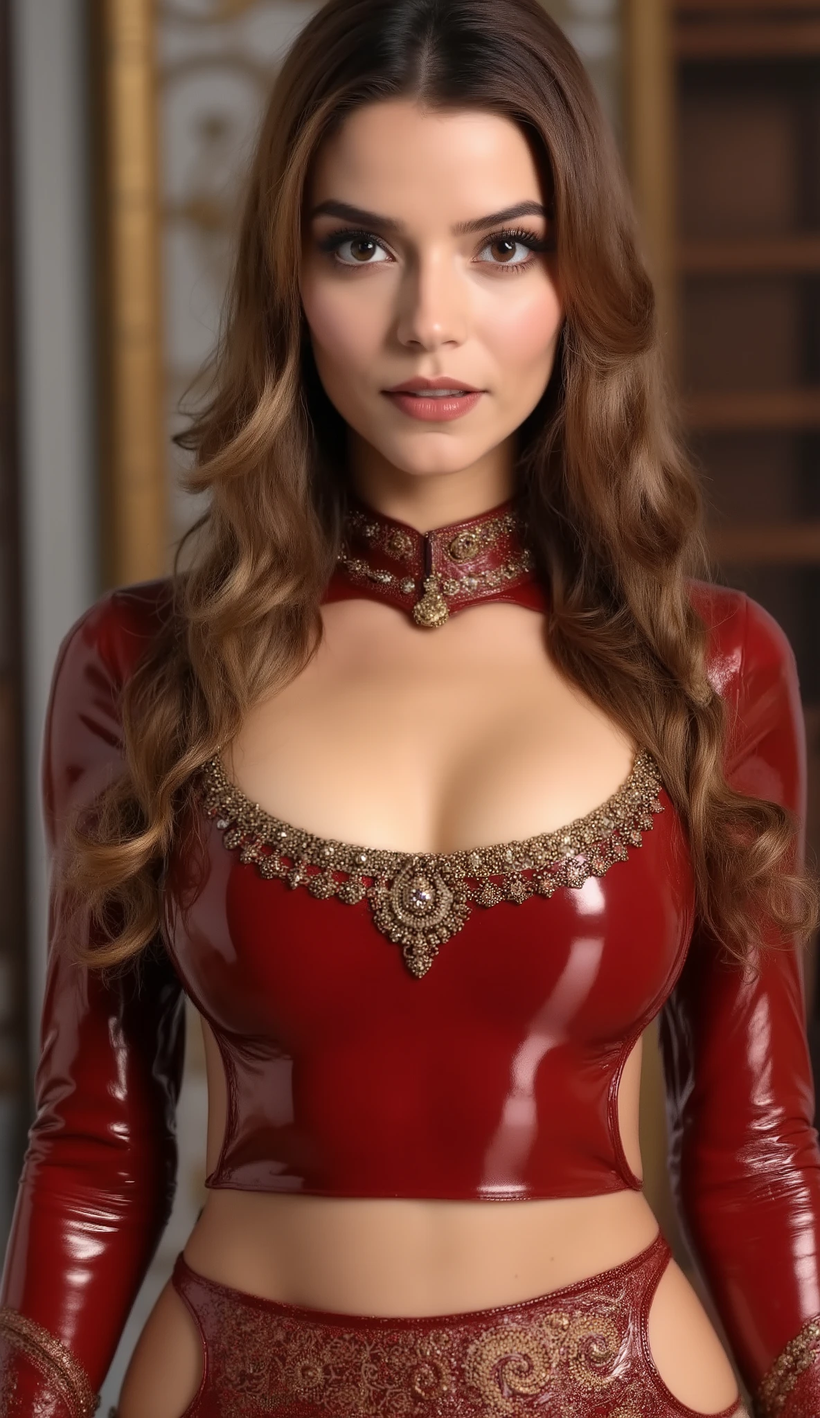 Anushka shetty 35 years old actress  transparent crop top,  Bra/Breast Size, 34 inches ; Waist Size, 28 inches ; Hip Size, 30inches.,visible breast and nipples,ultrarealist, intricate details,image of perfect curvy thick milf bbw Goddess tabu wearing red armor suit with intricate indian design also have golden jewelry,very thick milf body,naval  long hair,、 looking at the viewer、 close up shot, full half body , modern wear brand shoot,,she didn't like to wear blouse or bra, she hates blouse or bra, detailed hairy armpits,she has a gorgeous bimbo face with big lips and long eyelashes, big kissable lips,