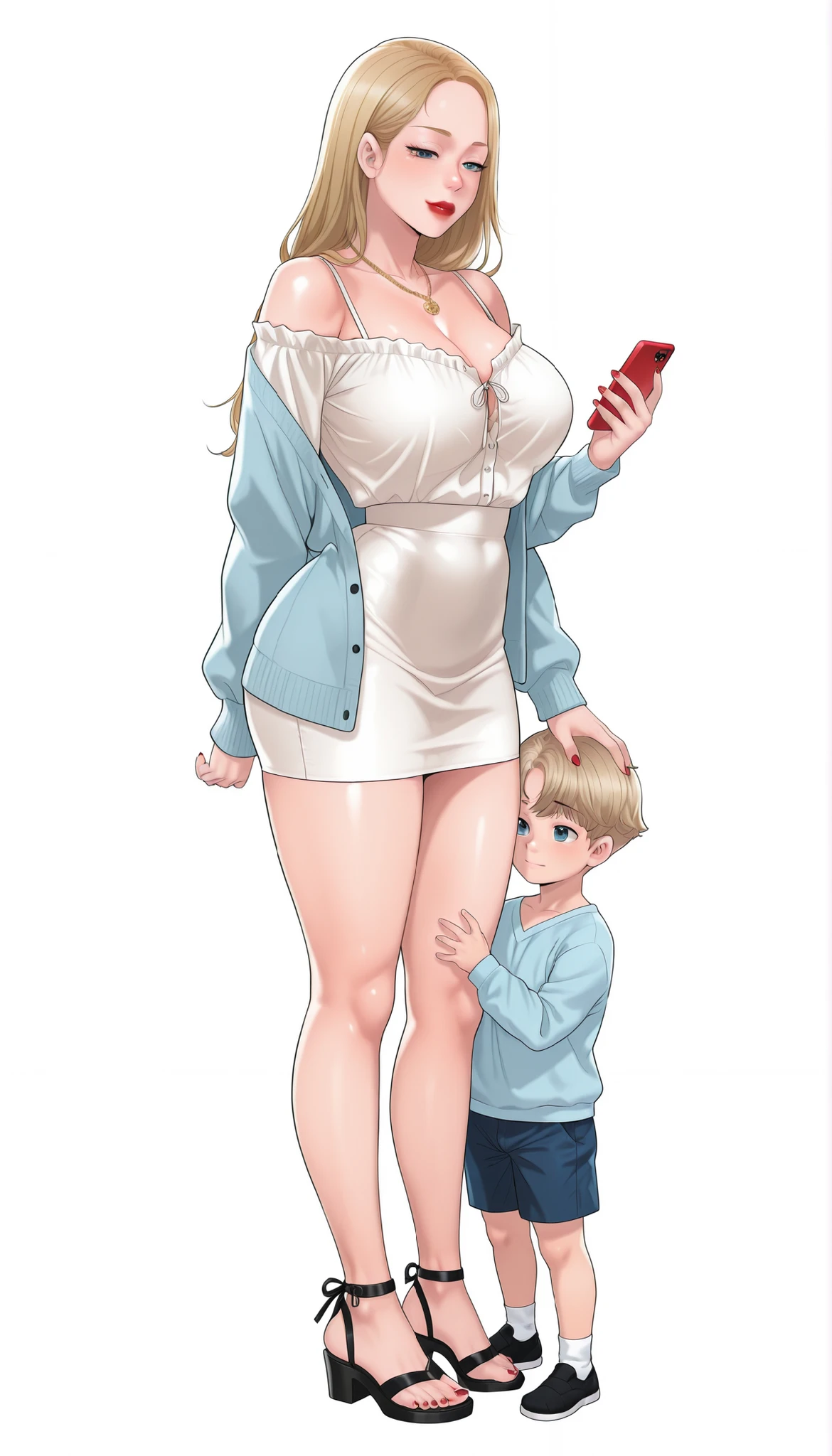 Yumi (New Town), a beautiful extremely sexy woman with long glowy sleek yellow-blonde hair, light-blue eyes, bimbo plump round red lips, bright red nails, extremely fair white glowy skin, a cinched small tight narrow waist, an hourglass figure, big breasts, a small tight cinched waist, and a sexy voluptuous-curvy body. She's wearing a revealing mini short tight white dress with spaghetti straps and a V-neckline, a separate front-open unbuttoned baggy light-blue cardigan worn in an off-shoulder style over the dress, one ribbon tied in her hair, a gold necklace, full bare legs, and strappy ankle tall black sandals. She's standing straight, keeping one hand on her little son's head, holding one phone in her other hand, narrowed eyes, soft smile, and a plain white empty background. Show her full body head to sandals, proper middle-waist level view, and super creative hyper-detailed.