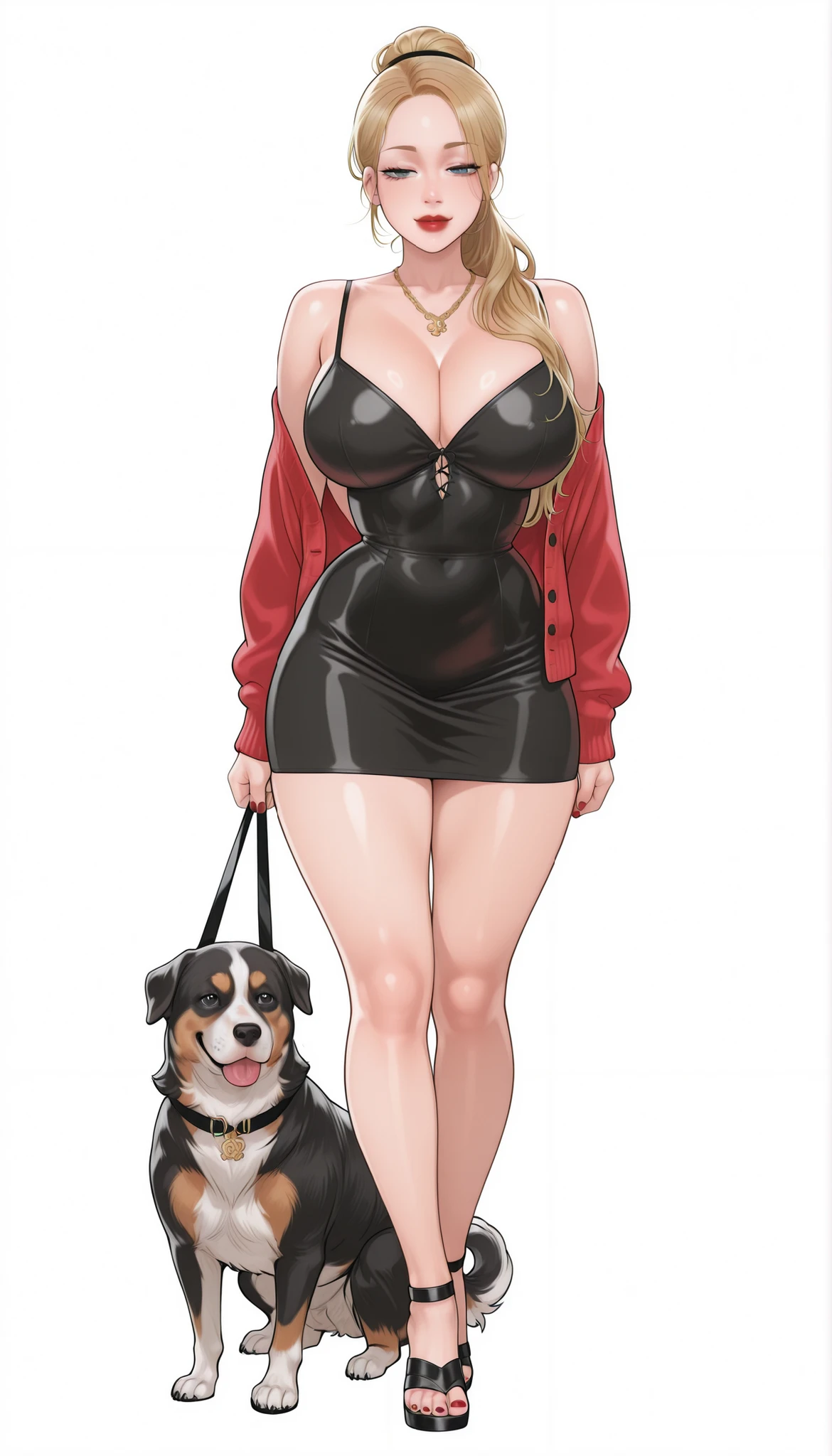 Yumi (New Town), a beautiful extremely sexy woman with long glowy sleek yellow-blonde hair, light-blue eyes, bimbo plump round red lips, bright red nails, extremely fair white glowy skin, a cinched small tight narrow waist, an hourglass figure, big breasts, a small tight cinched waist, and a sexy voluptuous-curvy body. She's wearing a revealing mini short tight black dress with spaghetti straps and a V-neckline, a separate front-open unbuttoned baggy light-red cardigan worn in an off-shoulder style over the dress, one ribbon tied in her hair, a gold necklace, full bare legs, and strappy ankle tall black sandals. She's standing straight, keeping one hand on a dog's head, narrowed eyes, soft smile, and a plain white empty background. Show her full body head to sandals, proper middle-waist level view, and super creative hyper-detailed.