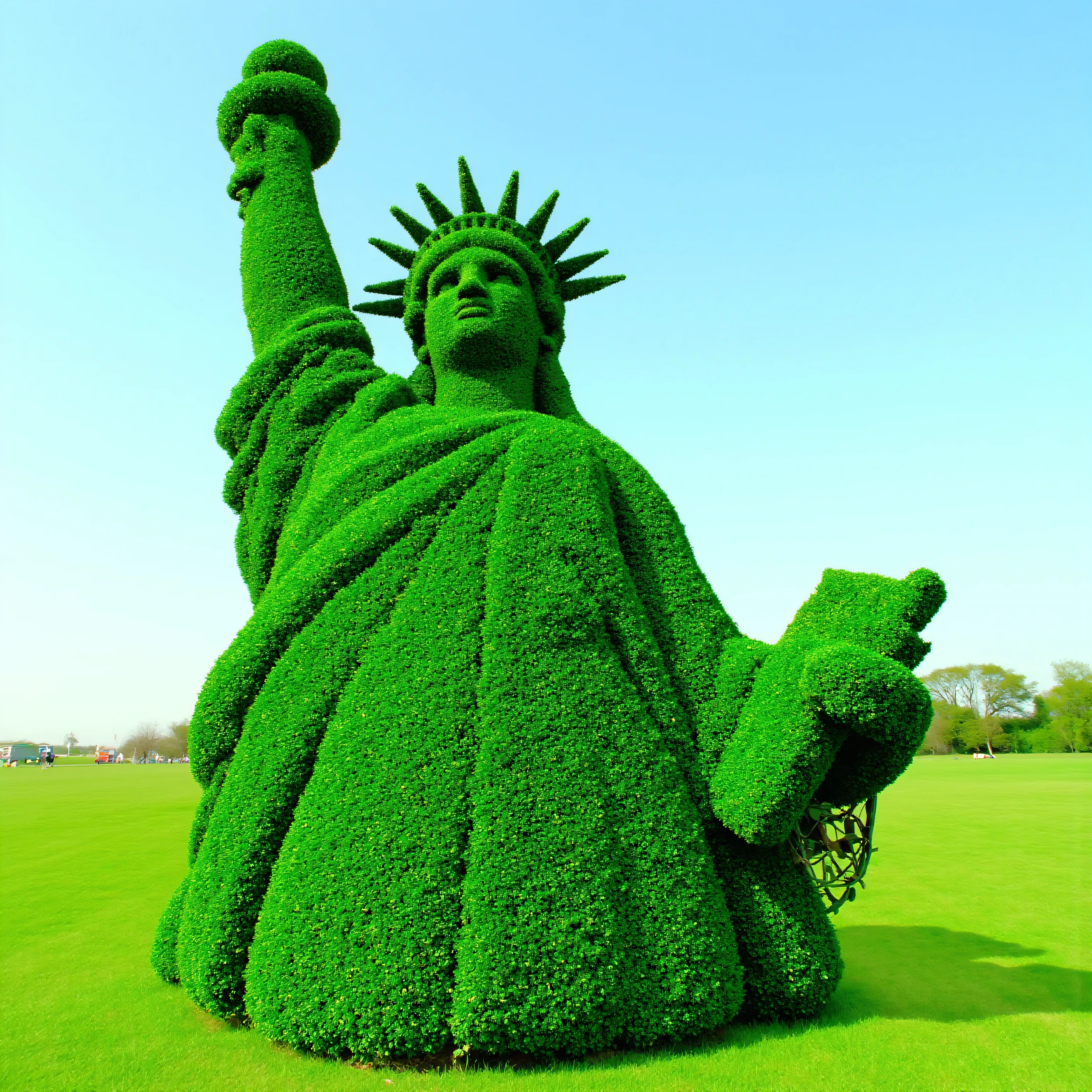 Meticulously manicured juniper bushes in the shape of the statue of liberty, Ultra-realistic, photo-realistic, cinematic photography, hyperrealistic, 3D rendered realism, UHDR, high-res, physically-based rendering, extreme attention to detail, highly imaginative, best quality artwork.