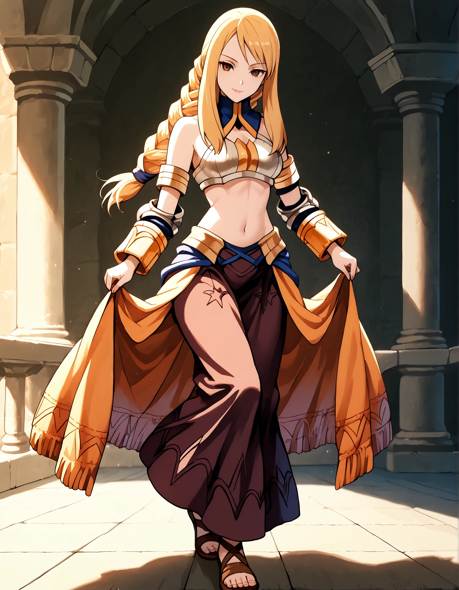 (1girl:1 . 5) , (Seul:1 . 5) , score_9 , score_8_haut , score_7_haut , source_anime , Official work , ultra-detailed , masterpiece , better quality , high resolution , beaux yeux , detailed eyes , Detailed face , beautiful detailed eyes,blonde hair, braided ponytail, sidelocks, long hair, brown eyes,Final Fantasy Tactics,Agrias Oaks, dancer_fft, halter top, long skirt, belt,bracers, sandals, shawl,golden jewelery,armlet, belly dancing,arabian theater,seductive smile, dancing with veil, dynamic movement,dance posture, seductive pose