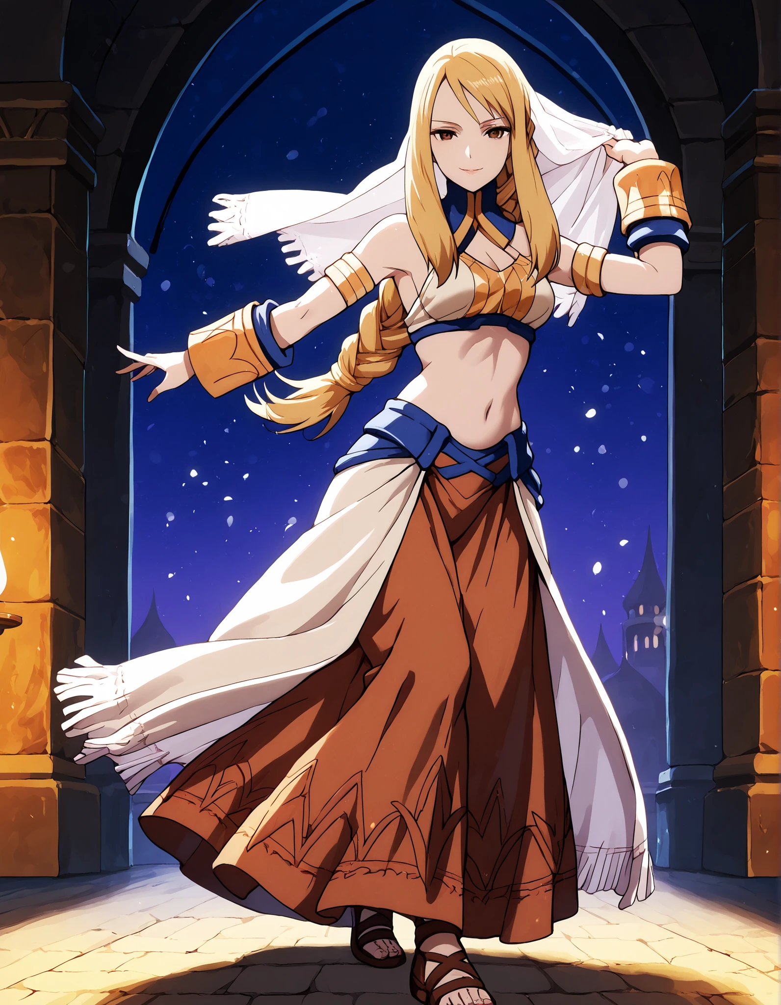 (1girl:1 . 5) , (Seul:1 . 5) , score_9 , score_8_haut , score_7_haut , source_anime , Official work , ultra-detailed , masterpiece , better quality , high resolution , beaux yeux , detailed eyes , Detailed face , beautiful detailed eyes,blonde hair, braided ponytail, sidelocks, long hair, brown eyes,Final Fantasy Tactics,Agrias Oaks, dancer_fft, halter top, long skirt, belt,bracers, sandals, shawl,golden jewelery,armlet, belly dancing,night,arabian garden,seductive smile, dancing with veil, dynamic movement,dance posture, seductive pose