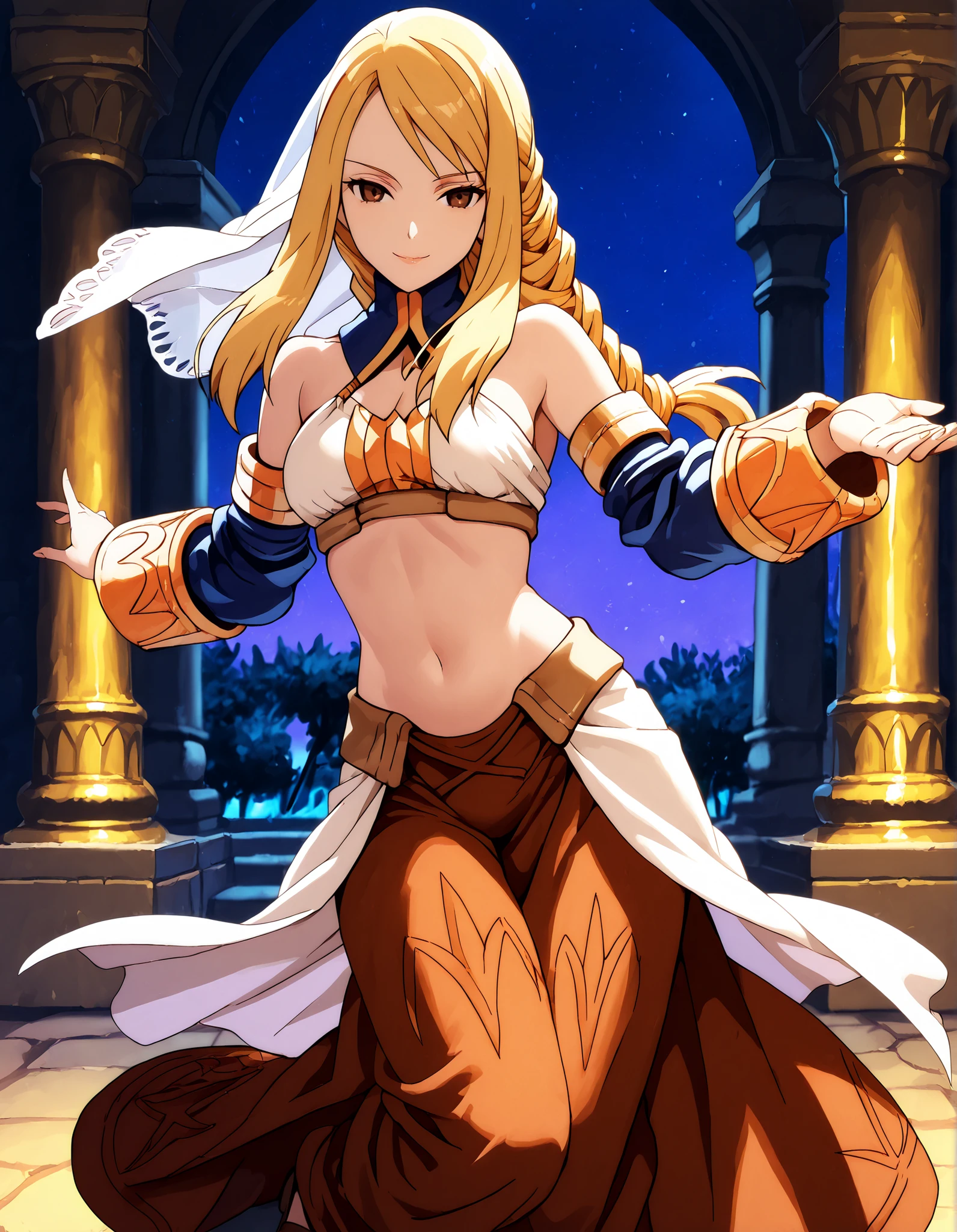 (1girl:1 . 5) , (Seul:1 . 5) , score_9 , score_8_haut , score_7_haut , source_anime , Official work , ultra-detailed , masterpiece , better quality , high resolution , beaux yeux , detailed eyes , Detailed face , beautiful detailed eyes,blonde hair, braided ponytail, sidelocks, long hair, brown eyes,Final Fantasy Tactics,Agrias Oaks, dancer_fft, halter top, long skirt, belt,bracers, sandals, shawl,golden jewelery,armlet, belly dancing,night,arabian garden,seductive smile, dancing with veil, dynamic movement,dance posture, seductive pose