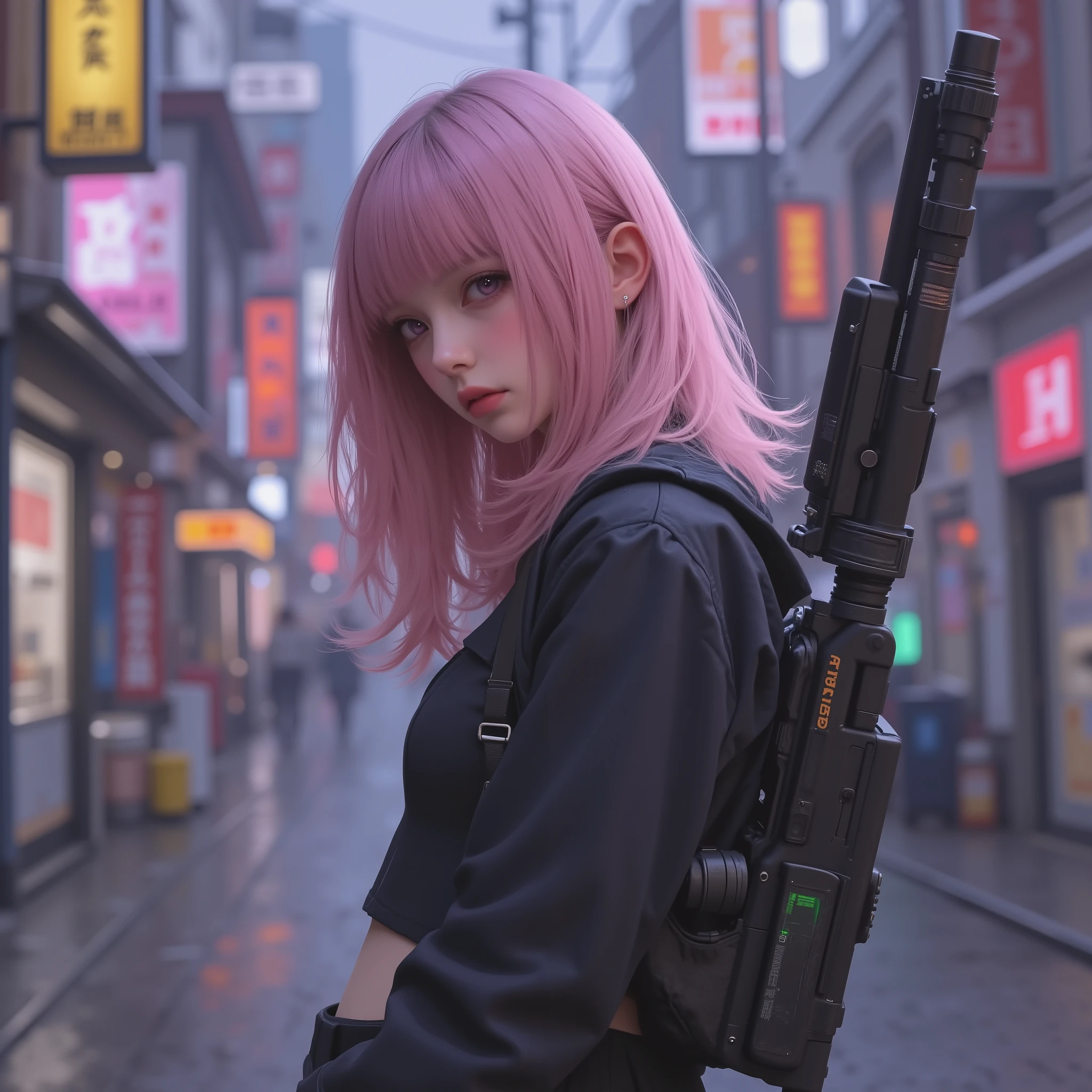 Photorealistic、realistic skin texture、tight cyberpunk fashion、Fluffy Shoulder-Length Hair、a dim cyberpunk city with lots of weapons on your back、beautiful pink eyes、pink hair、Carrying a large number of weapons