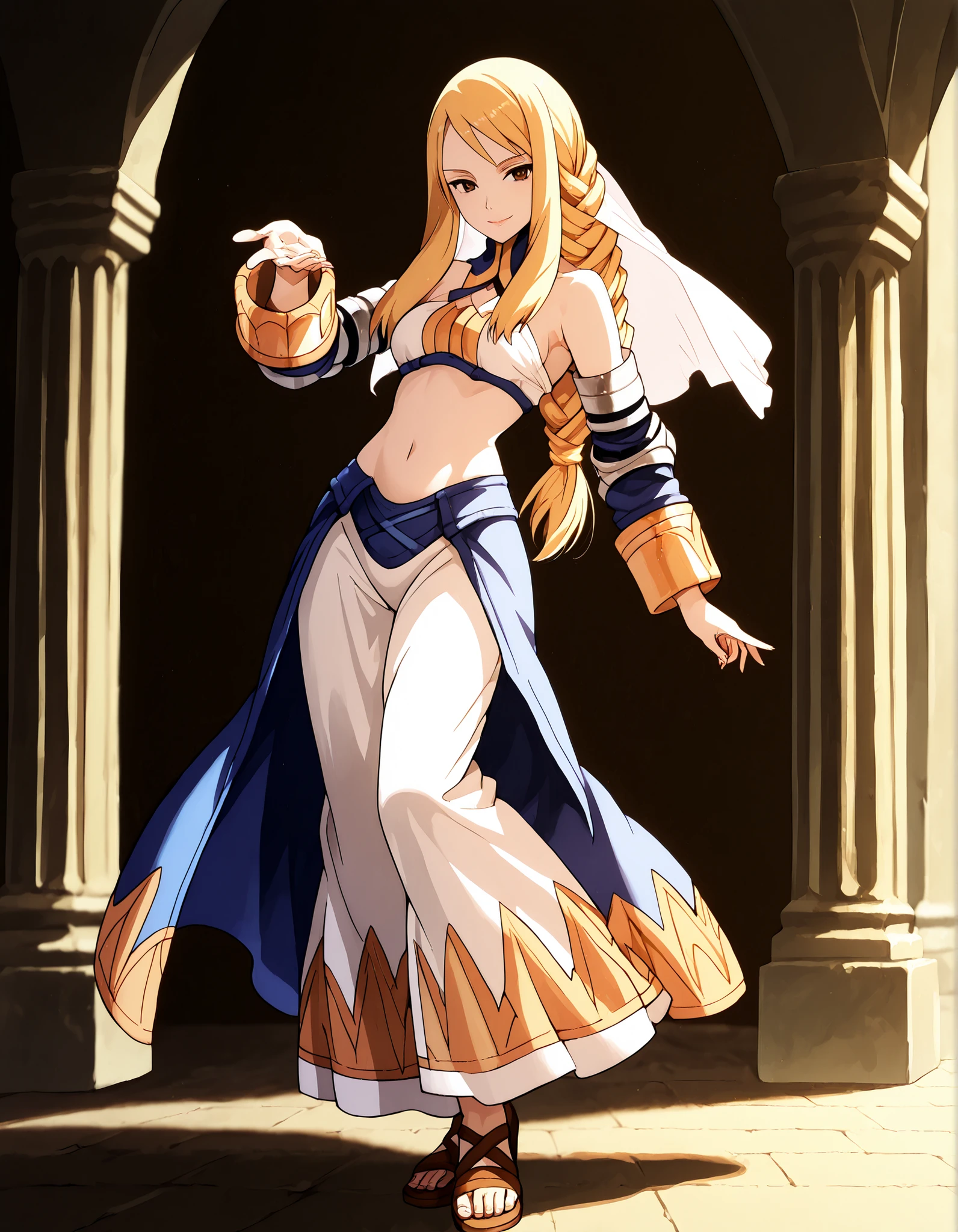 (1girl:1 . 5) , (Seul:1 . 5) , score_9 , score_8_haut , score_7_haut , source_anime , Official work , ultra-detailed , masterpiece , better quality , high resolution , beaux yeux , detailed eyes , Detailed face , beautiful detailed eyes,blonde hair, braided ponytail, sidelocks, long hair, brown eyes,Final Fantasy Tactics,Agrias Oaks, dancer_fft, halter top, long skirt, belt,bracers, sandals, shawl,golden jewelery,armlet, belly dancing,arabian garden,seductive smile, dancing with veil, dynamic movement,dance posture, seductive pose
