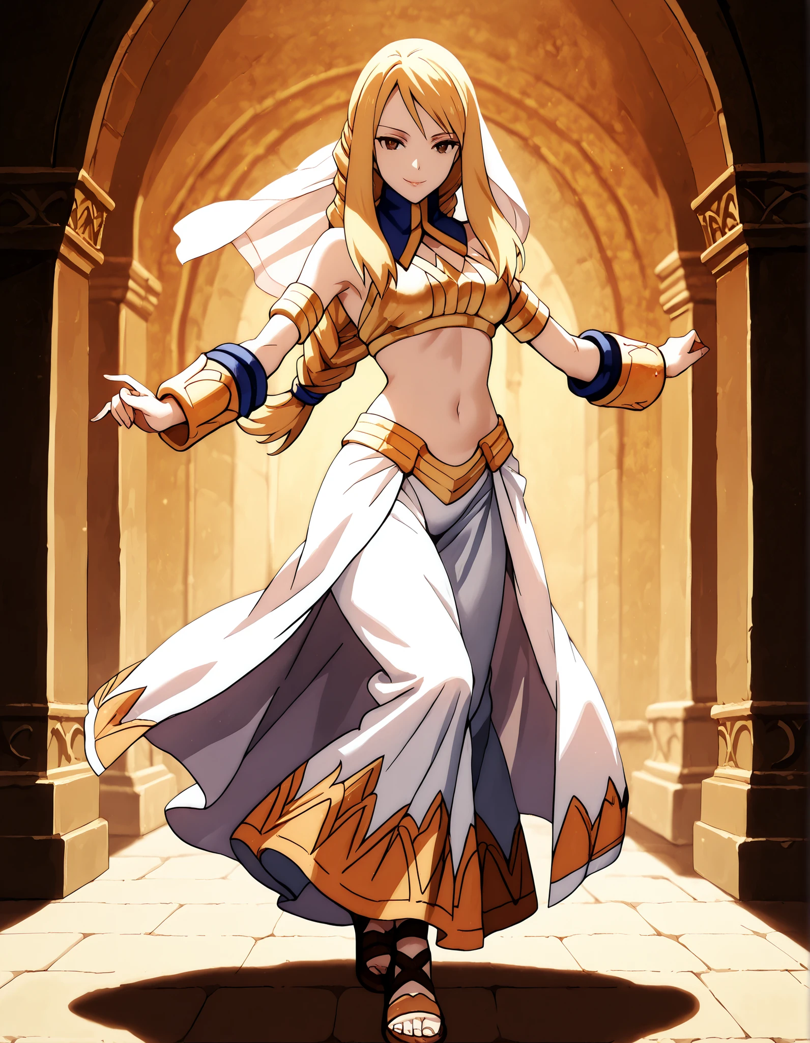 (1girl:1 . 5) , (Seul:1 . 5) , score_9 , score_8_haut , score_7_haut , source_anime , Official work , ultra-detailed , masterpiece , better quality , high resolution , beaux yeux , detailed eyes , Detailed face , beautiful detailed eyes,blonde hair, braided ponytail, sidelocks, long hair, brown eyes,Final Fantasy Tactics,Agrias Oaks, dancer_fft, halter top, long skirt, belt,bracers, sandals, shawl,golden jewelery,armlet, belly dancing,arabian garden,seductive smile, dancing with veil, dynamic movement,dance posture, seductive pose