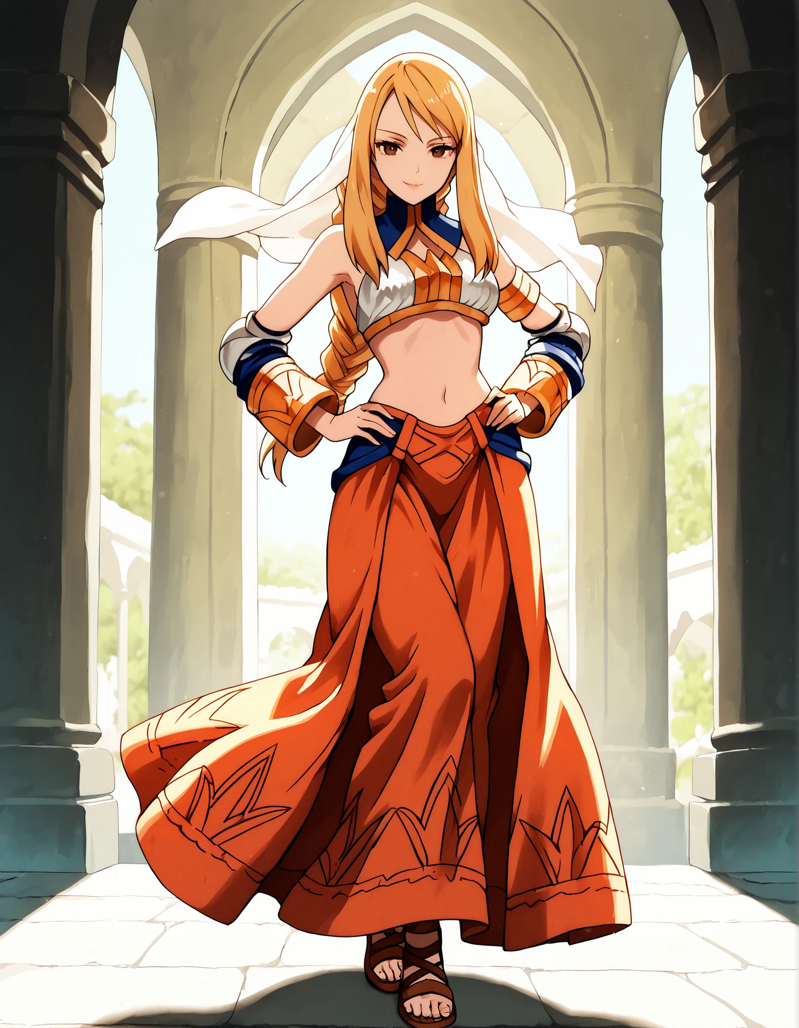 (1girl:1 . 5) , (Seul:1 . 5) , score_9 , score_8_haut , score_7_haut , source_anime , Official work , ultra-detailed , masterpiece , better quality , high resolution , beaux yeux , detailed eyes , Detailed face , beautiful detailed eyes,blonde hair, braided ponytail, sidelocks, long hair, brown eyes,Final Fantasy Tactics,Agrias Oaks, dancer_fft, halter top, long skirt, belt,bracers, sandals, shawl,golden jewelery,armlet, belly dancing,arabian garden,seductive smile, dancing with veil, dynamic movement,dance posture, seductive pose