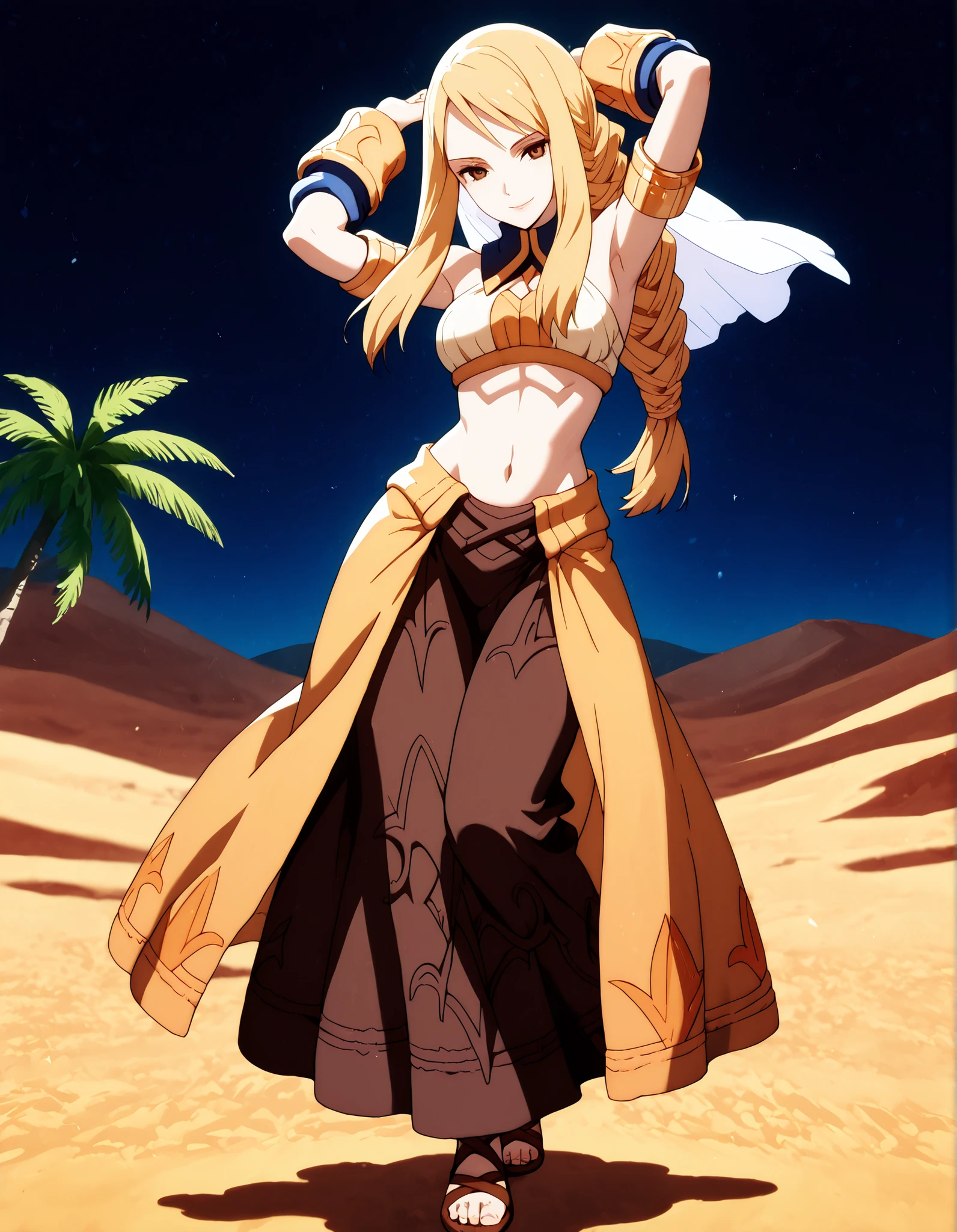 (1girl:1 . 5) , (Seul:1 . 5) , score_9 , score_8_haut , score_7_haut , source_anime , Official work , ultra-detailed , masterpiece , better quality , high resolution , beaux yeux , detailed eyes , Detailed face , beautiful detailed eyes,blonde hair, braided ponytail, sidelocks, long hair, brown eyes,Final Fantasy Tactics,Agrias Oaks, dancer_fft, halter top, long skirt, belt,bracers, sandals, shawl,golden jewelery,armlet, belly dancing,night,desert lands,palm tree,seductive smile, dancing with veil, dynamic movement,dance posture, seductive pose