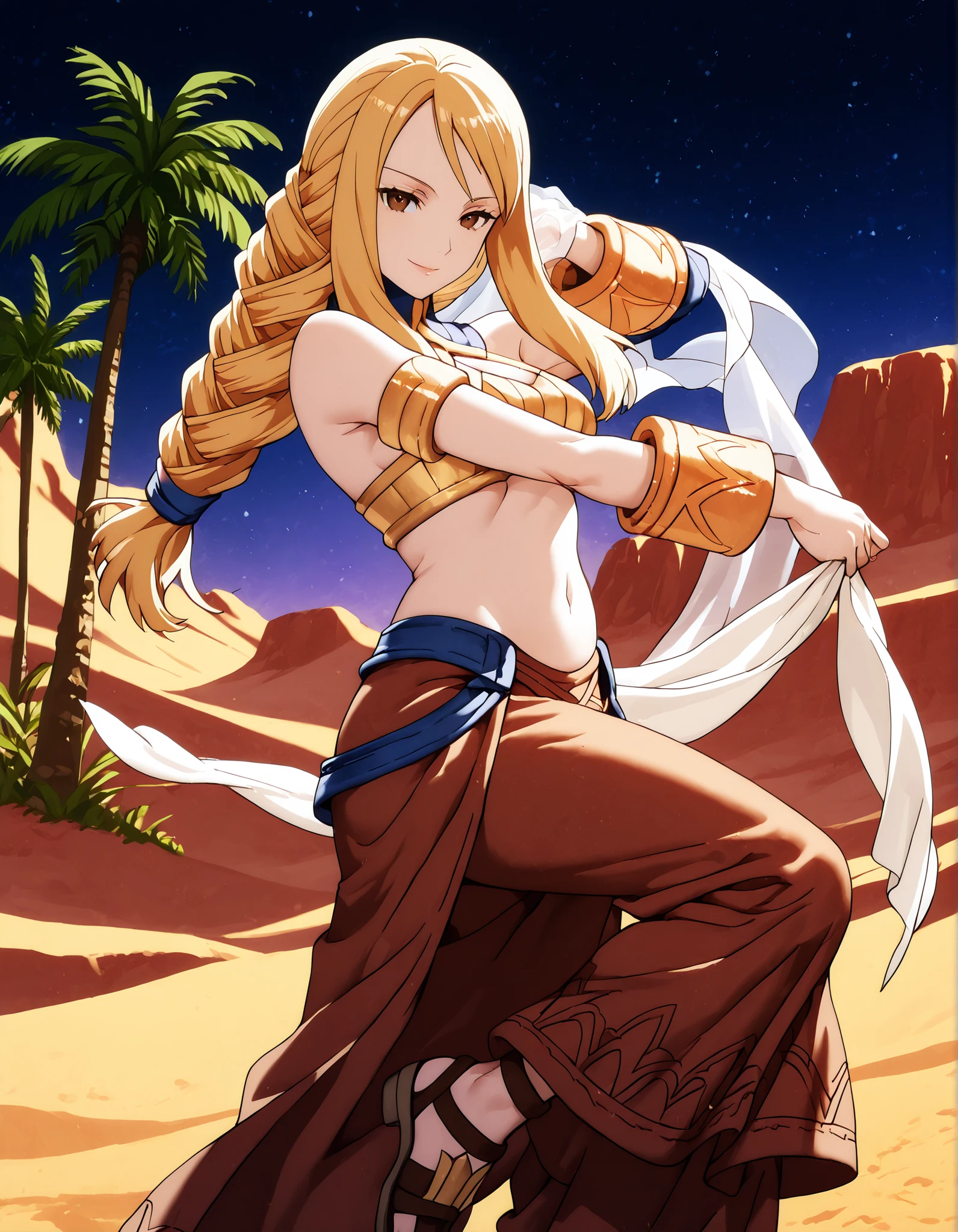 (1girl:1 . 5) , (Seul:1 . 5) , score_9 , score_8_haut , score_7_haut , source_anime , Official work , ultra-detailed , masterpiece , better quality , high resolution , beaux yeux , detailed eyes , Detailed face , beautiful detailed eyes,blonde hair, braided ponytail, sidelocks, long hair, brown eyes,Final Fantasy Tactics,Agrias Oaks, dancer_fft, halter top, long skirt, belt,bracers, sandals, shawl,golden jewelery,armlet, belly dancing,night,desert lands,palm tree,seductive smile, dancing with veil, dynamic movement,dance posture, seductive pose