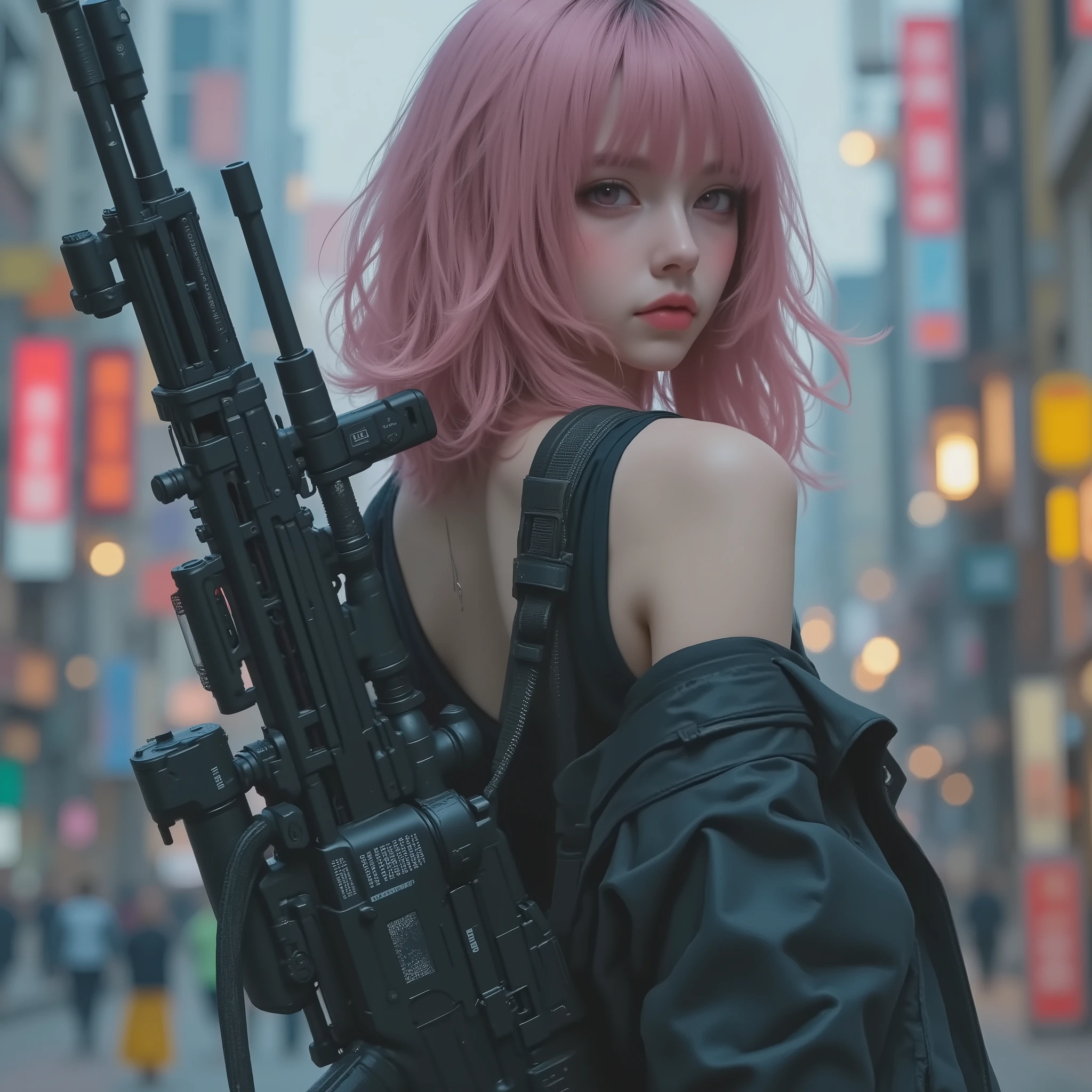 Photorealistic、realistic skin texture、tight cyberpunk fashion、Fluffy Shoulder-Length Hair、a dim cyberpunk city with lots of weapons on your back、beautiful pink eyes、pink hair、Carrying a large number of weapons