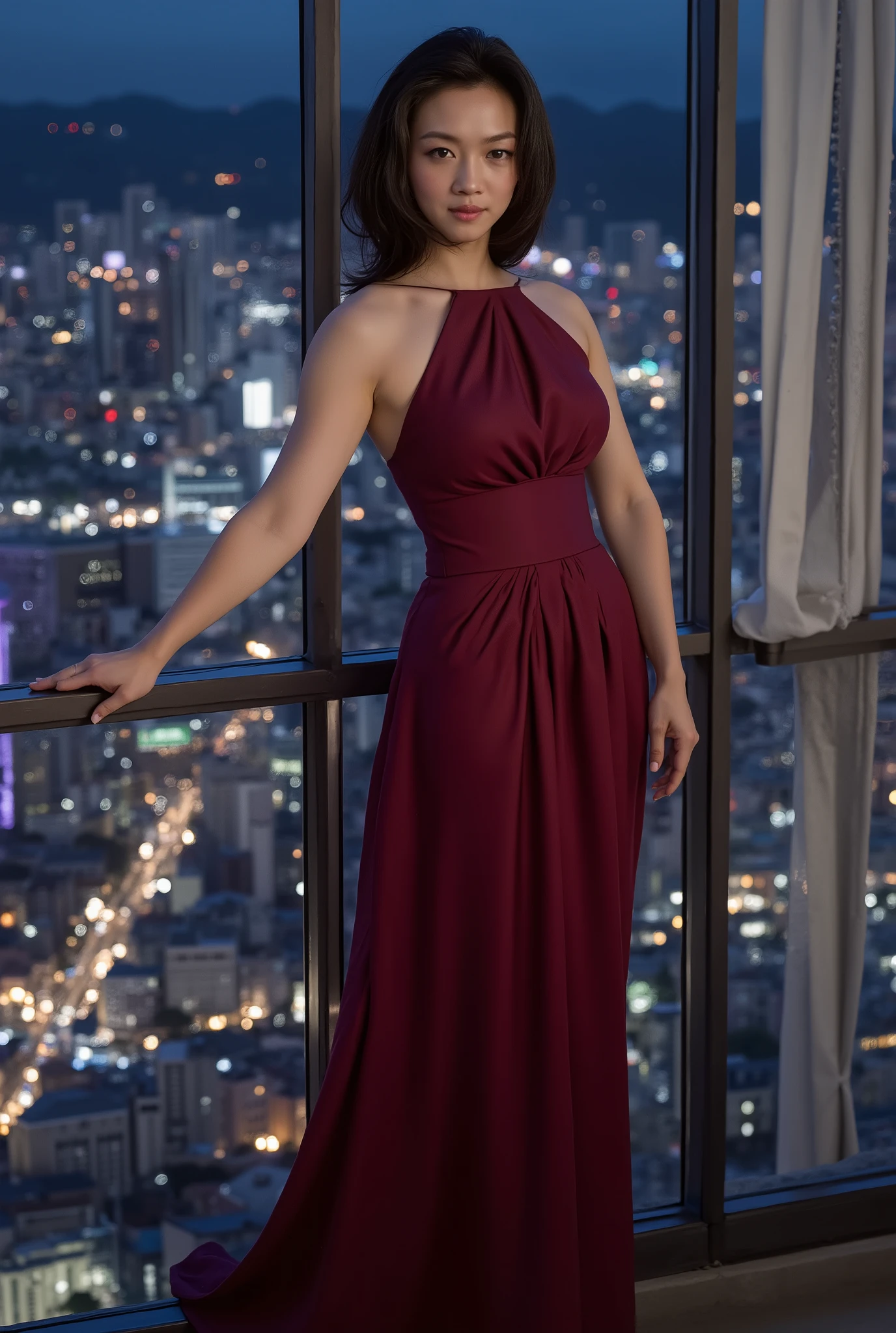 A cinematic, full-length portrait of Amara Lu, a brilliant and formidable Chinese femme fatale, standing on a balcony overlooking the glittering Hong Kong skyline at night. Her presence commands attention without effort; she is a figure of quiet, gravitational power. She wears an elegant, floor-length gown of deep crimson silk that flows with predatory grace. Her jet-black hair frames a face with high cheekbones and skin that seems to absorb light. Her expression is a perfectly composed mask, and her dark, intelligent eyes absorb everything while revealing nothing, reflecting the sprawling city lights below.