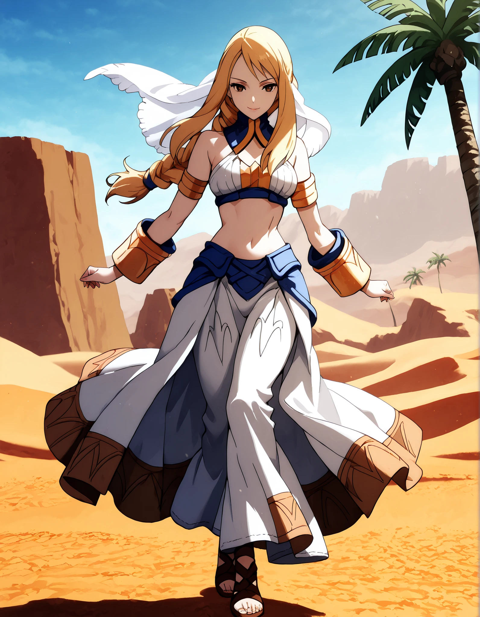 (1girl:1 . 5) , (Seul:1 . 5) , score_9 , score_8_haut , score_7_haut , source_anime , Official work , ultra-detailed , masterpiece , better quality , high resolution , beaux yeux , detailed eyes , Detailed face , beautiful detailed eyes,blonde hair, braided ponytail, sidelocks, long hair, brown eyes,Final Fantasy Tactics,Agrias Oaks, dancer_fft, halter top, long skirt, belt,bracers, sandals, shawl,golden jewelery,armlet, belly dancing,desert lands,palm tree,seductive smile, dancing with veil, dynamic movement,dance posture, seductive pose
