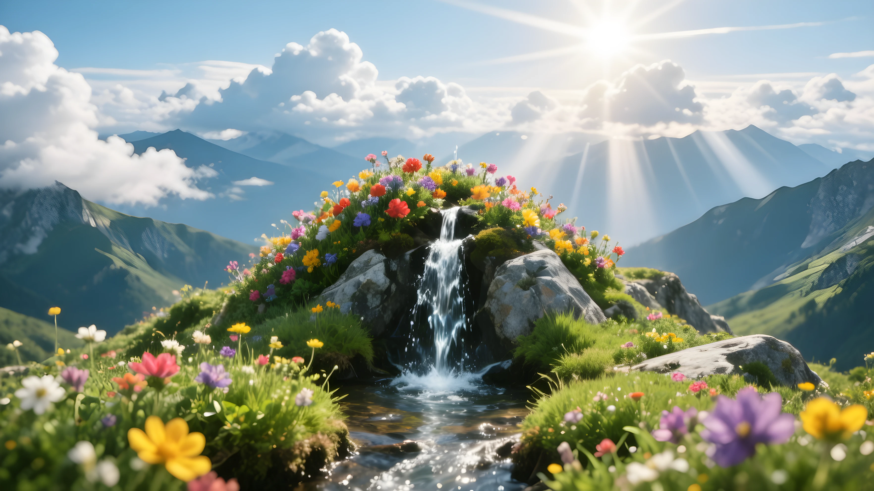 A mountain peak on which water springs, which flows into a stream. Colorful mountain flowers cover the top, in the distance on the horizon there are white clouds that block the sun and the sun's rays break through the sides, a beautiful scene of a mountain top in spring where everything is green, full of flowers and a water source flowing into a stream, Crystal clear water that is completely transparent, breathtaking view, professional photo taken by DSLR camera in 8K HDR resolution, hyper realistic scene, real life scene, natural beauty