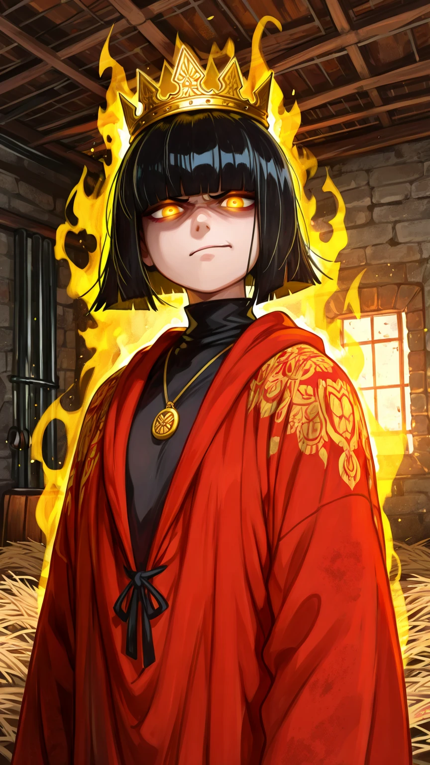 (flat :), (masterpiece:1.2), highest quality, High resolution, unity 8k wallpaper, (fine and beautiful eyes:1.6), highly detailed face, perfect lighting, Detailed CG, (perfect hands, perfect ), (1 boy solo:1.4), 20 years old, black hair, extremely beautiful detailfeminine face and eyes, (evil smile:1.4), detailed eyes, best quality,( dark skin:1.8), (turtleneck shirt under yukata:1.2), (bike shorts:1.2), extremely detailed, very precise detailed, (glasses:1.3), blunt bangs, open mouth, (very short pixie cut:1.2), boots,fingerless gloves, smile, (half closed eyes:1.5),(burning fire background:1.3), ,(squat in magic circle on ground:1.1) ,night sky,long sidelocks,(long red Scarf),(yukata),(squatting),(acrobat pose:1.3),(squat:1.3),leaning forward,(one knee dwon:1.5),(Put one foot in front:1.3),(stylish pose:1.4),(Raise only index finger:1.1),(Joining hands:1.5),(retro artstyle:1.2), (1990s \(style\)),