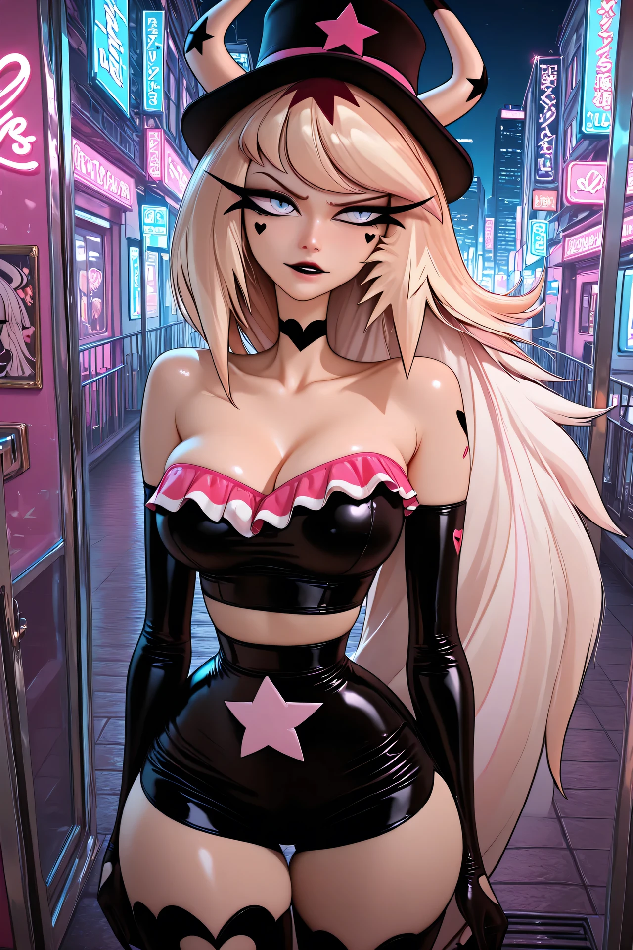 “(masterpiece, ultra realistic, 12k, RAW photo), Verosika, lifelike depiction, standing confidently in a futuristic, neon-lit environment. Verosika has long, wavy blonde and green hair that cascades down her back, with a few strands gently framing her face. Her striking blue eyes are filled with allure and curiosity. She is dressed in a revealing, form-fitting black outfit that highlights her stunning figure. The outfit consists of a black corset that lifts and accentuates her large, firm breasts, paired with matching black shorts that hug her wide hips and thick thighs. She wears black gloves with pink heart-shaped details on the wrists, adding a touch of elegance to her ensemble. Verosika’s skin is smooth and radiant, reflecting the neon lights of the environment. Her pose is dynamic and confident, with one hand on her hip and the other gently touching her thigh. She wears a black top hat with a pink star, adding to her unique and enchanting appearance. The background features a futuristic cityscape with neon lights and glowing particles, creating a dramatic and intense atmosphere. The artwork is ultra-detailed and cinematic, emphasizing Verosika’s unique and stunning features.”