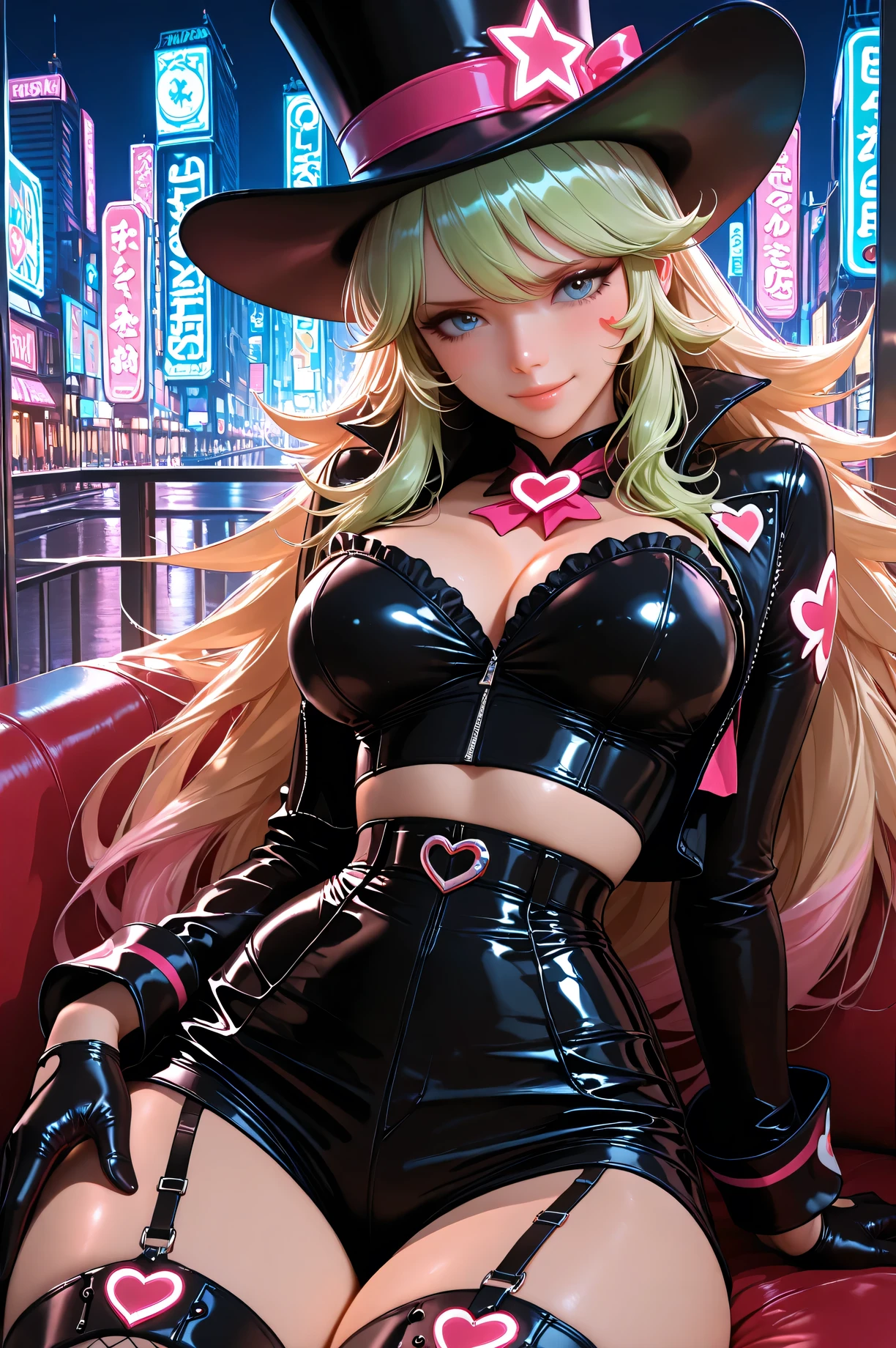 (masterpiece, ultra realistic, 12k, RAW photo), Verosika, lifelike depiction, sitting confidently in a futuristic, neon-lit environment. Long, wavy blonde and green hair. Striking blue eyes. Revealing, form-fitting black outfit with a corset and shorts. Black gloves with pink heart-shaped details. Smooth, radiant skin. Dynamic and confident pose. Black top hat with a pink star. Futuristic cityscape background with neon lights and glowing particles.”