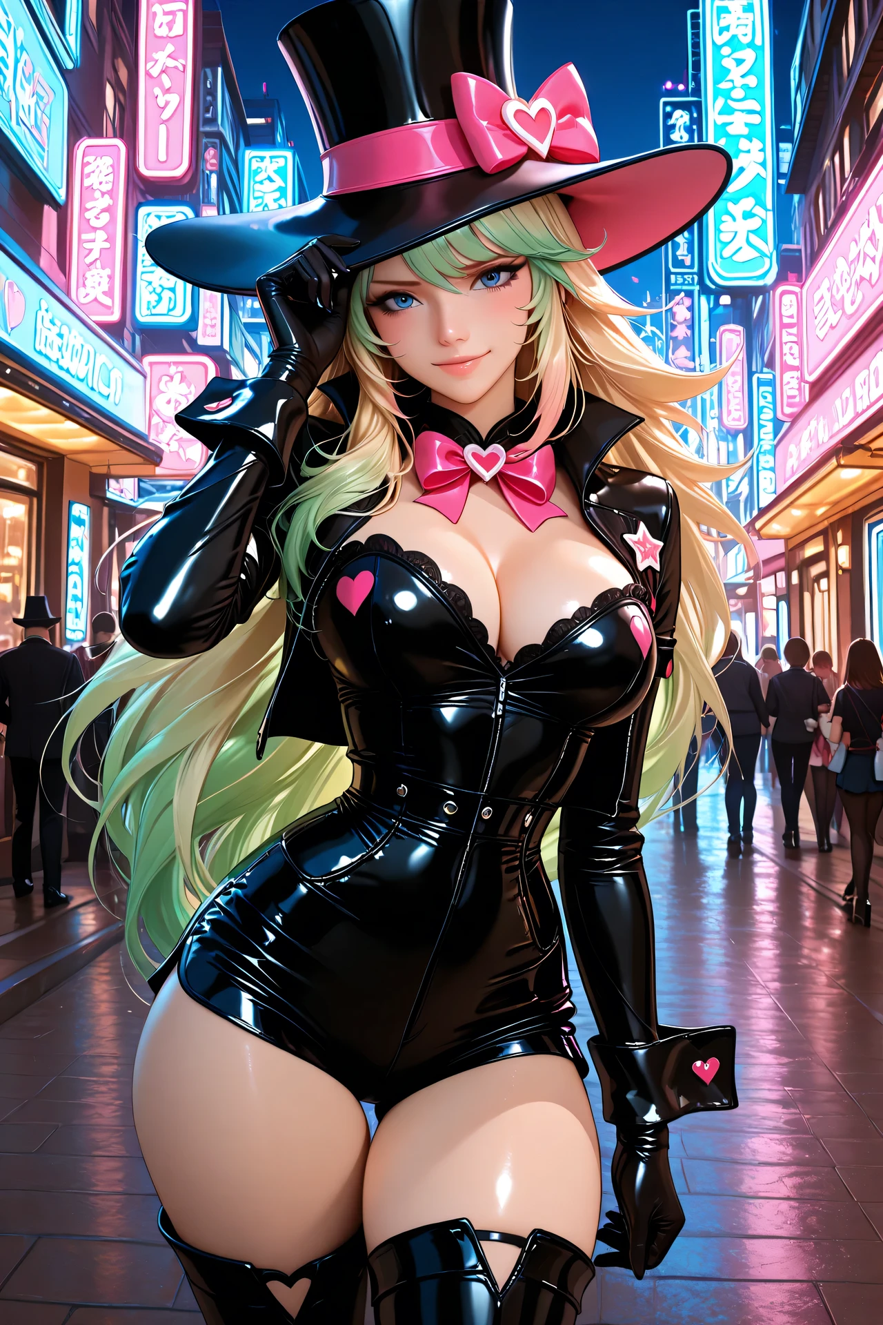 (masterpiece, ultra realistic, 12k, RAW photo), Verosika, lifelike depiction, posing elegantly in a futuristic setting. Long, wavy blonde and green hair. Blue eyes filled with allure. Form-fitting black outfit highlighting her figure. Black corset and shorts. Black gloves with pink heart-shaped details. Radiant skin reflecting neon lights. Confident pose with one leg bent and the other extended. Black top hat with a pink star. Neon-lit cityscape background.”