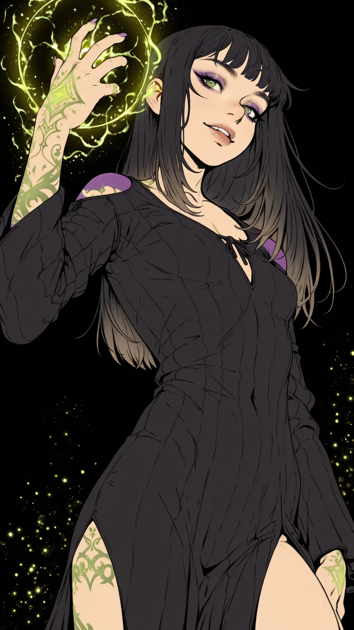 HDR, 8K, masterpiece, best quality, amazing quality, very aesthetic, realistic, newest, volumetric lighting, (flat colors:2), ((black background)), (incase:0.3), (tsuaii:0.3), 1girl, solo, sexy witch girl, perfect face, thick eyeliner, small breasts, long straight black hair, green eyes, cowboy shot, (casting magic spell), magic aura, glowing particles, dynamic pose, dynamic angle, action shot, realistic