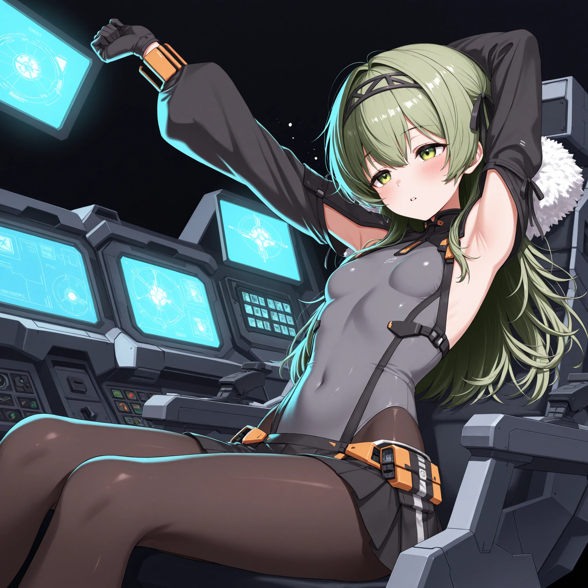 score_9 , score_8_up , score_7_up , source_anime BREAK 1girl , solo ,  kilo , green eyes , green hair , long hair , hairband , black hair ribbon ,small , fur trim , grey leotard , black sleeves , long sleeves , black skirt , pantyhose , gloves , mech , cockpit , inside , control panel , joystick , science fiction , chair , sitting , blush , parted lips , black background , glowing , illuminated , darkness , dark , arm up , armpit , stretching , tired , covered navel ,
