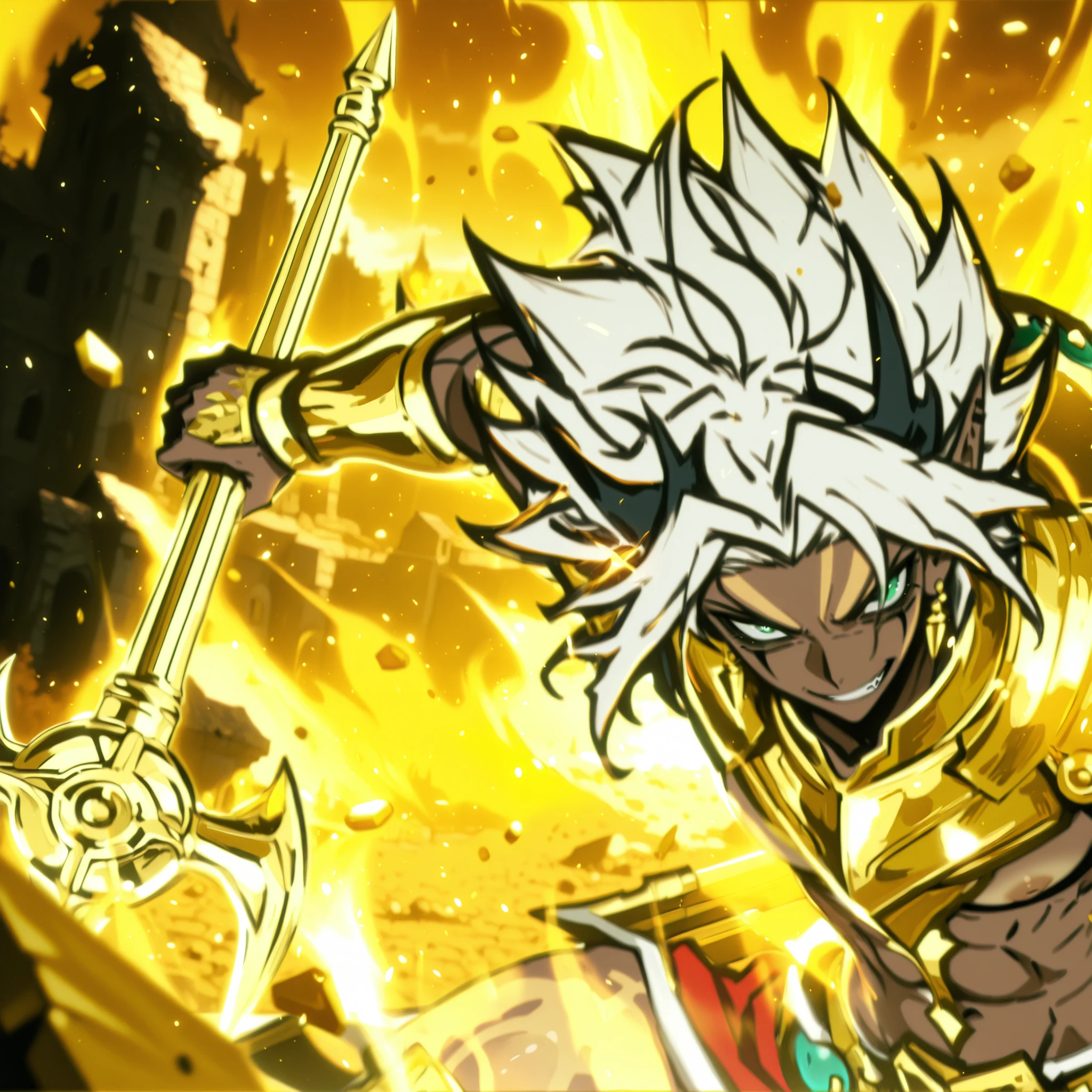 masterpiece, better quality, amazing quality, taned skin, gold armor, gold claws, marik ishtar, milleniumrod,